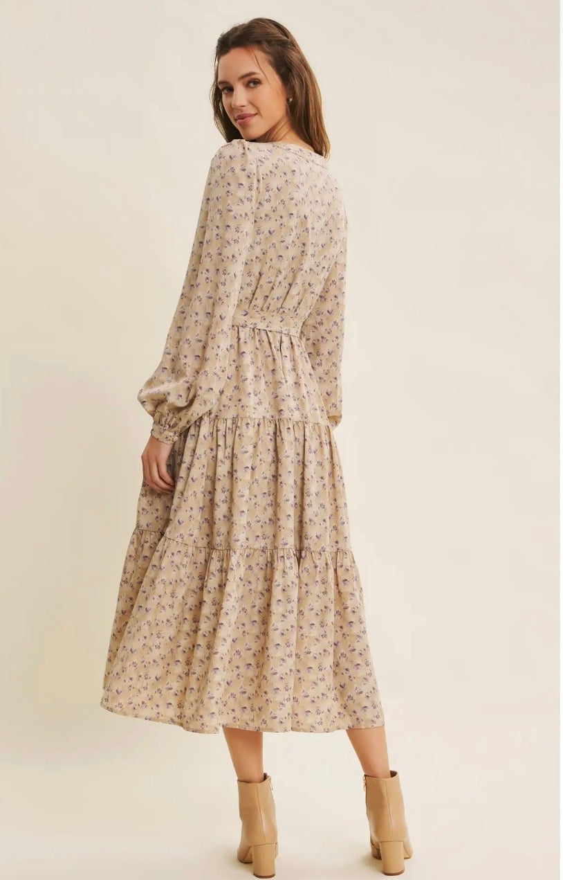 Lavender Morning Ditsy Floral Button-Front Tiered Midi Dress