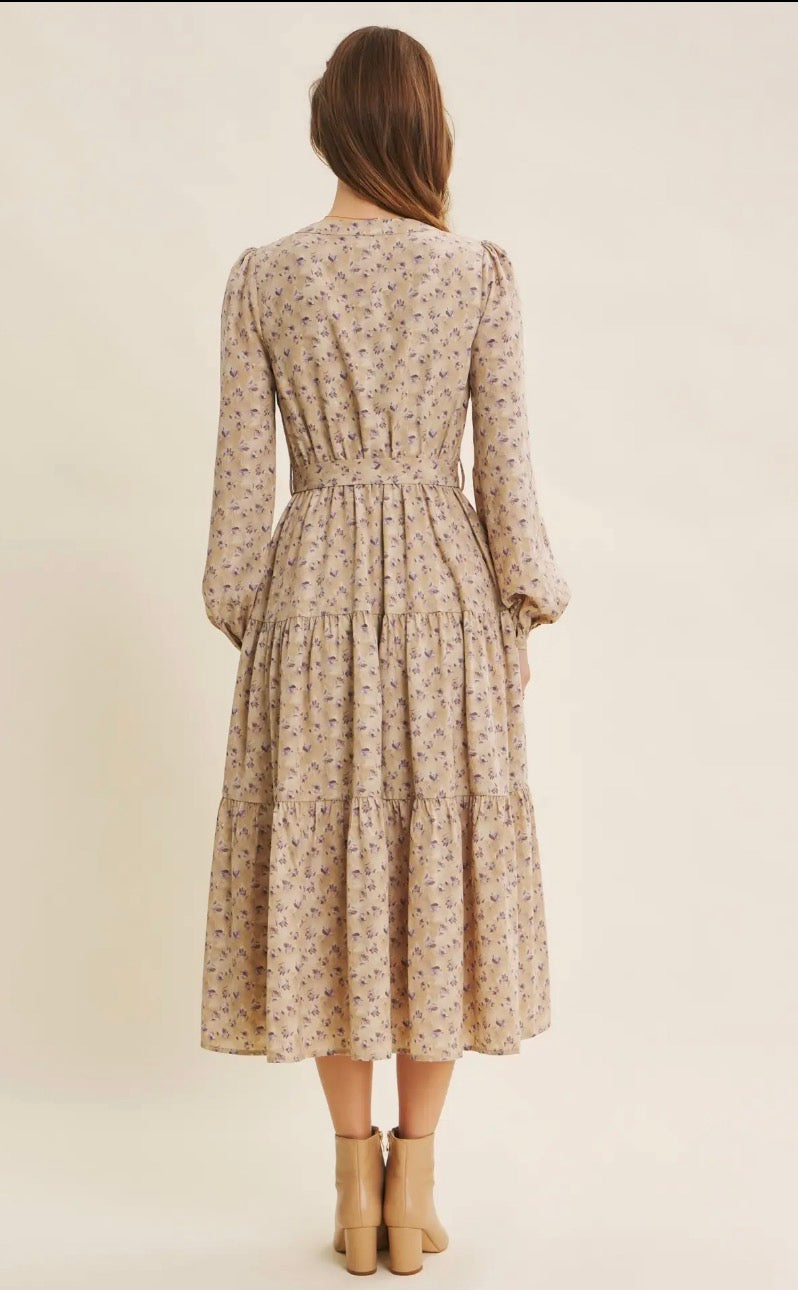 Lavender Morning Ditsy Floral Button-Front Tiered Midi Dress
