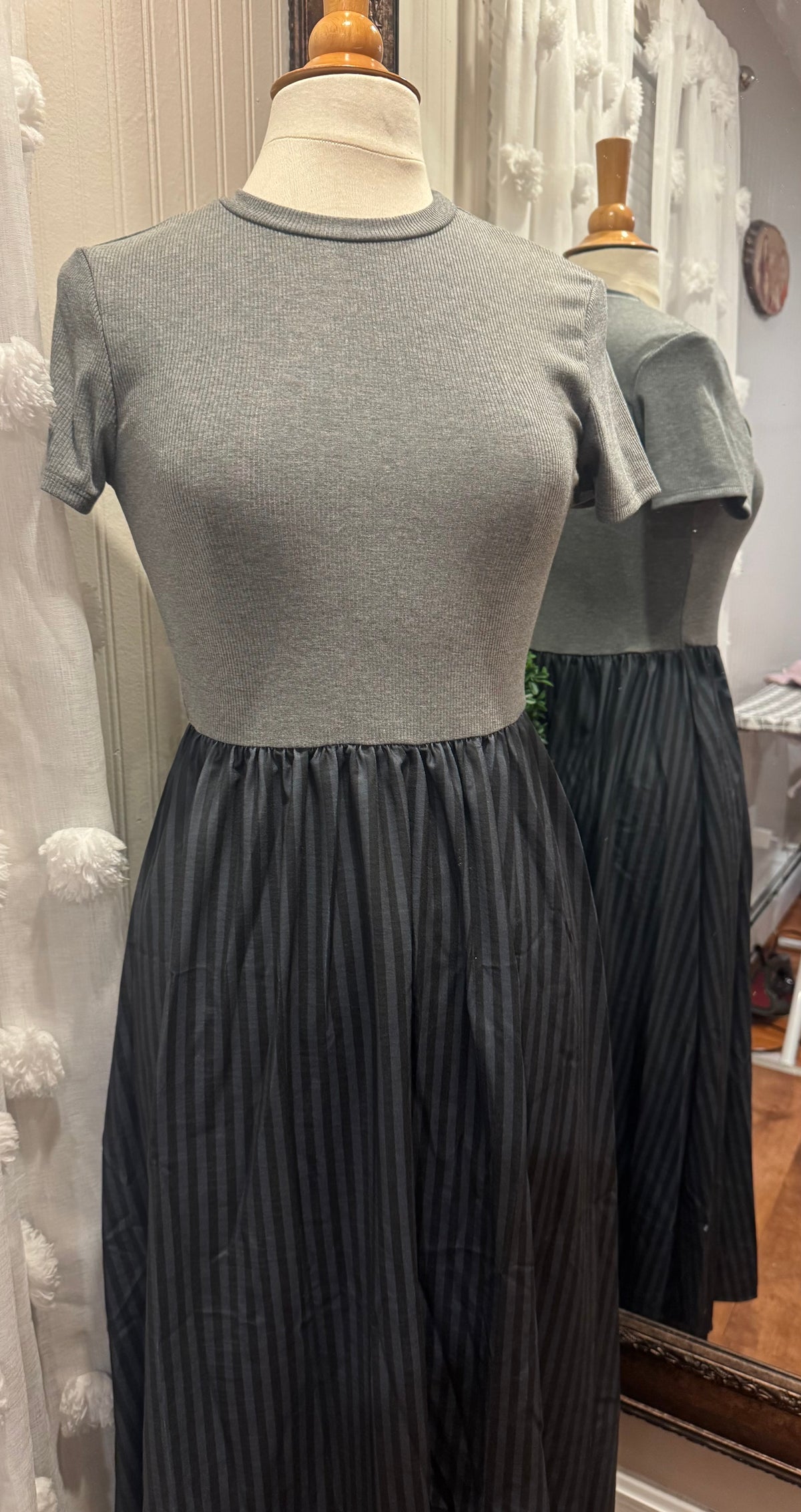 Pleated Midi Dress with Fitted Knit Top - Charcoal