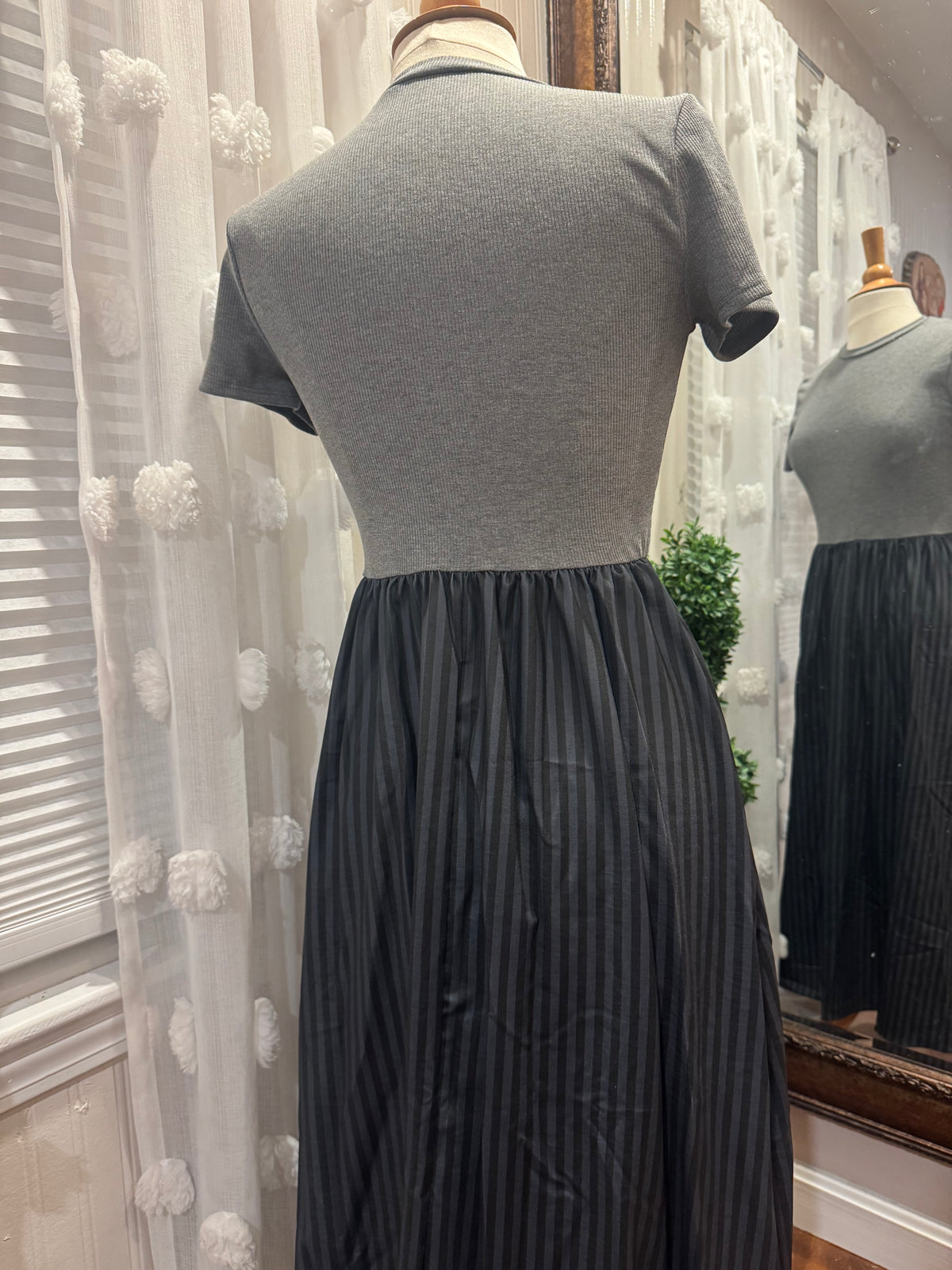 Pleated Midi Dress with Fitted Knit Top - Charcoal