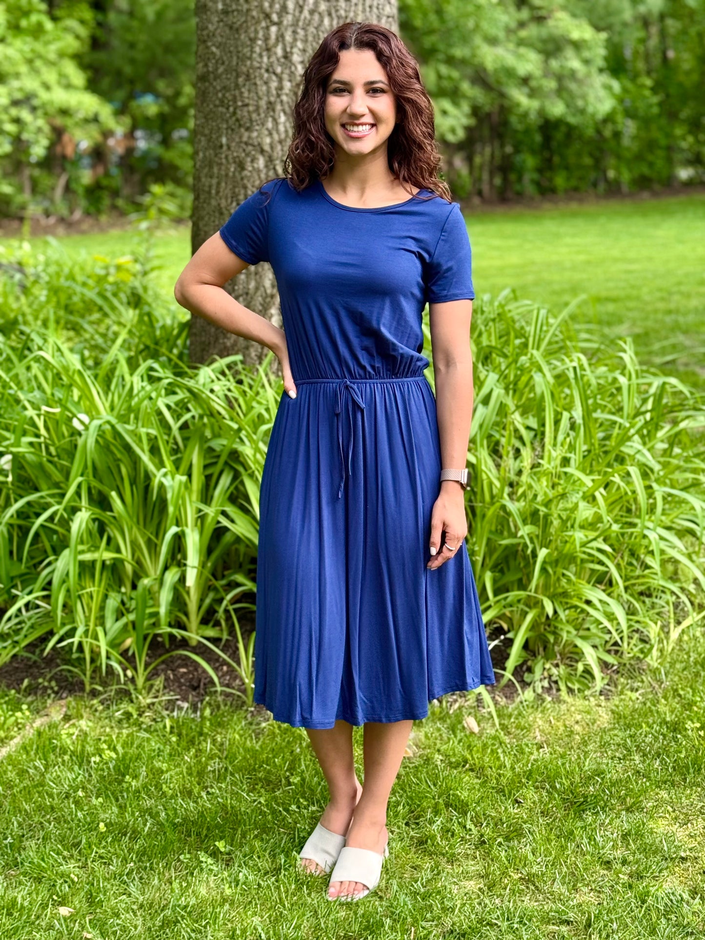Solid Drawstring waist dress - Navy