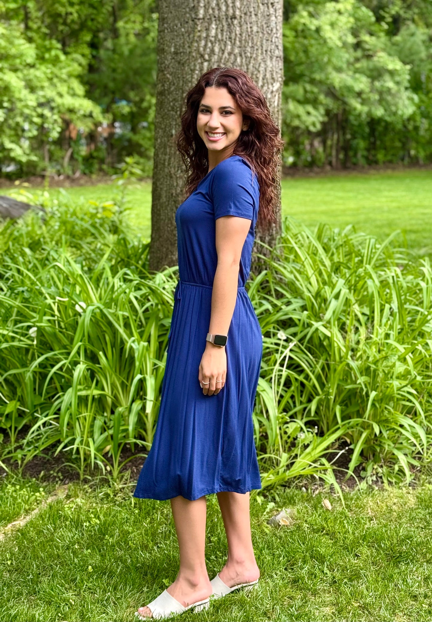 Solid Drawstring waist dress - Navy