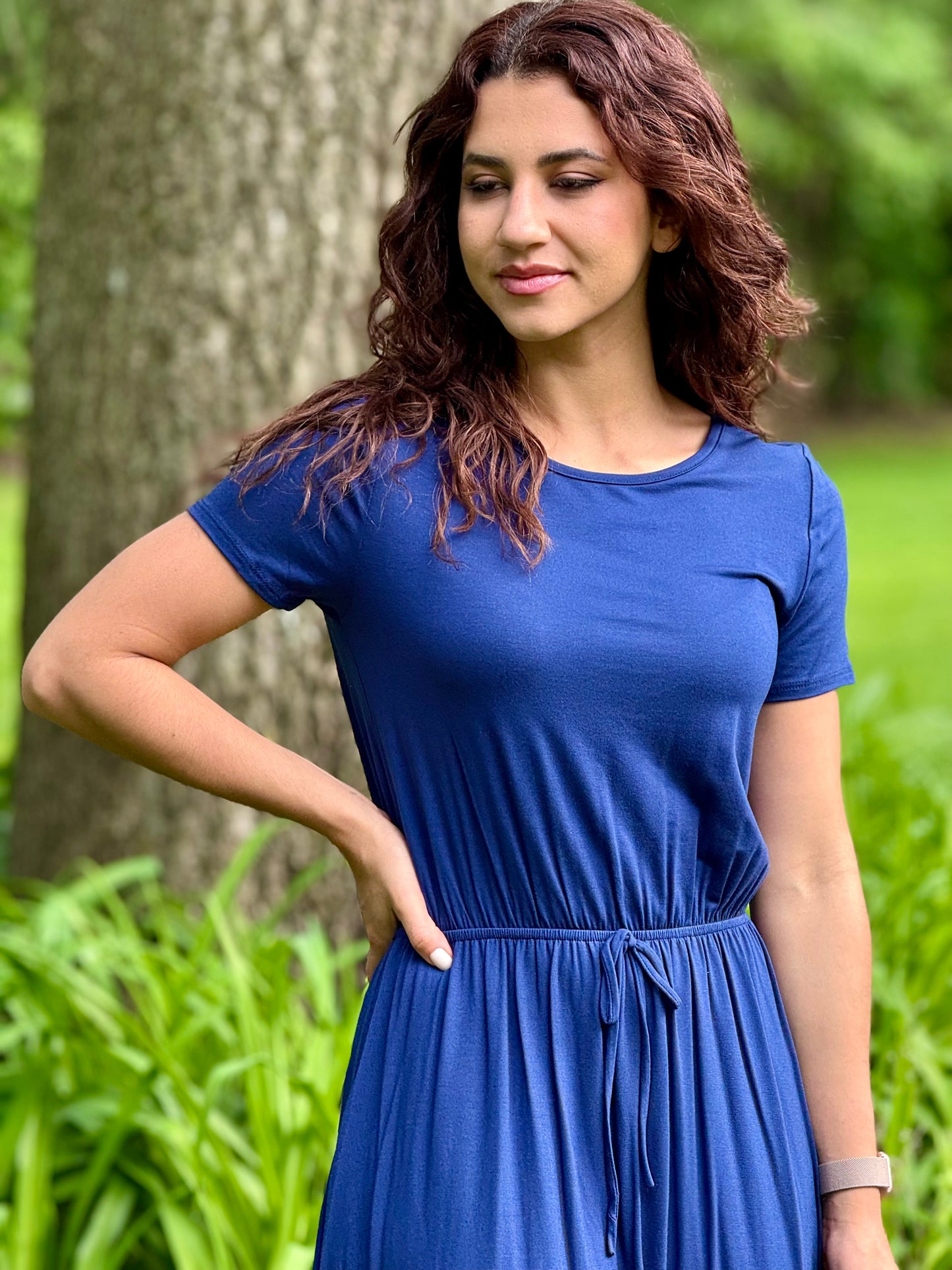 Solid Drawstring waist dress - Navy