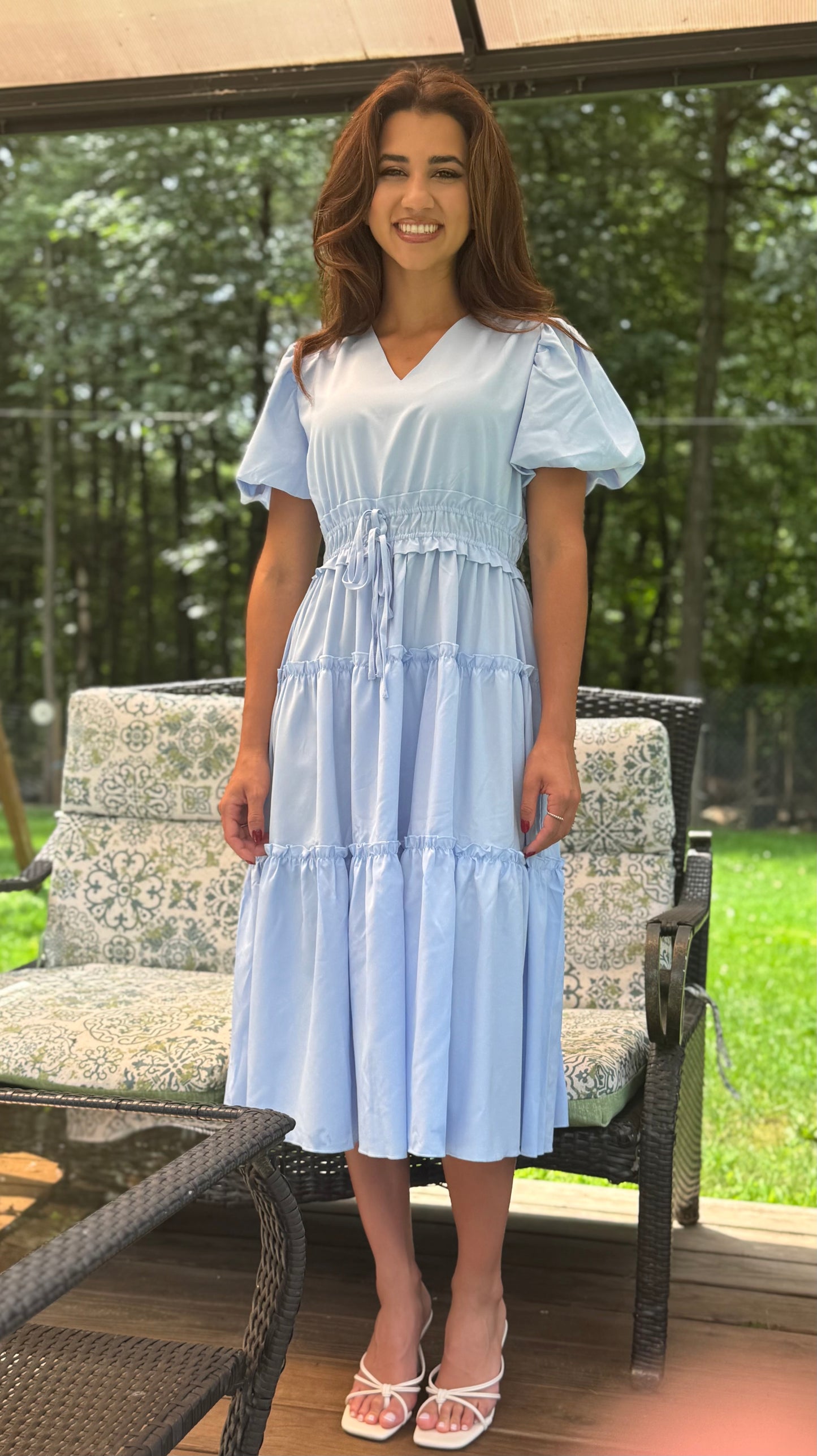 Solid V Neck Puff Sleeve Elastic waist (Available in Navy and Lt. Blue)