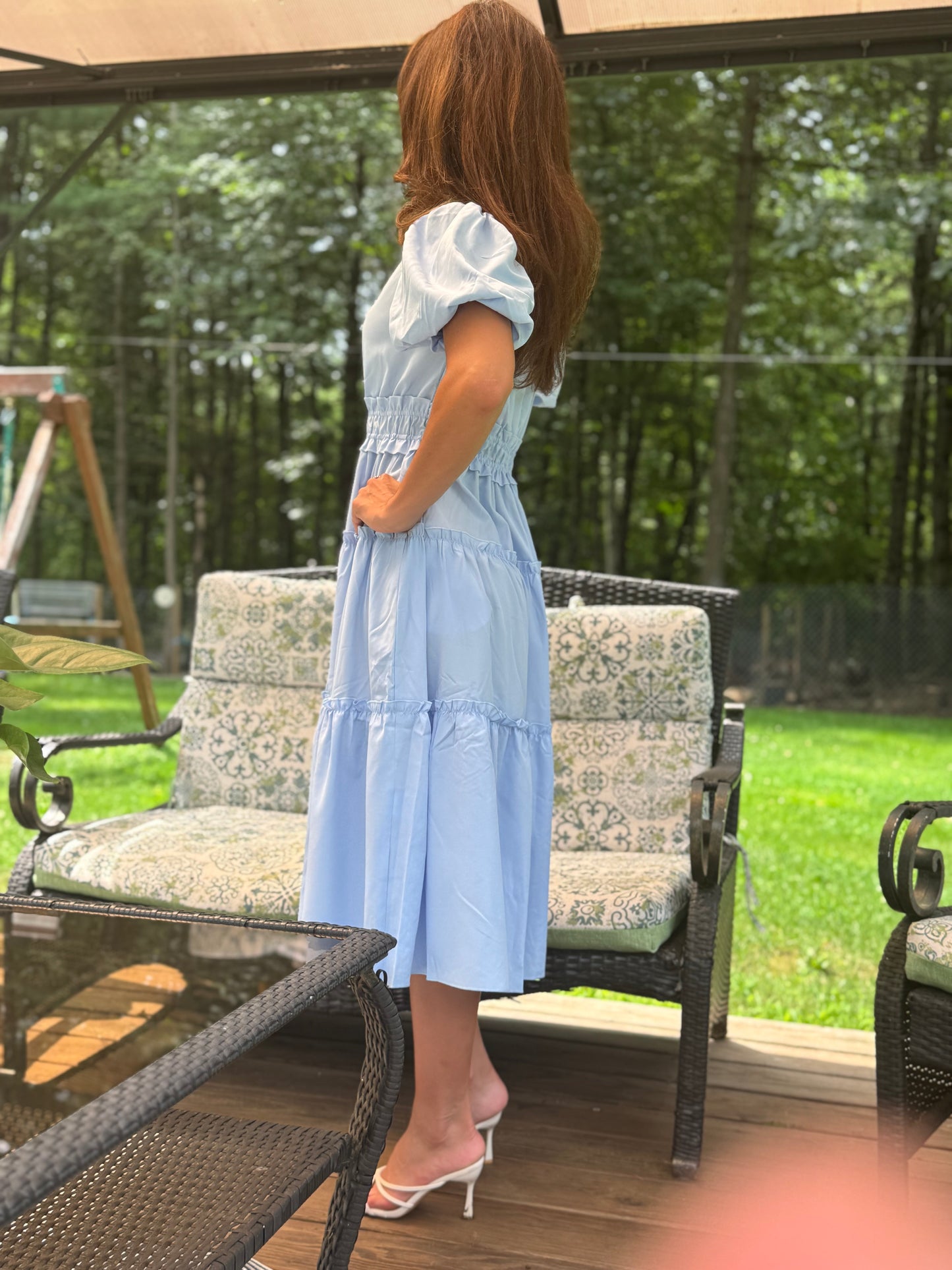 Solid V Neck Puff Sleeve Elastic waist (Available in Navy and Lt. Blue)