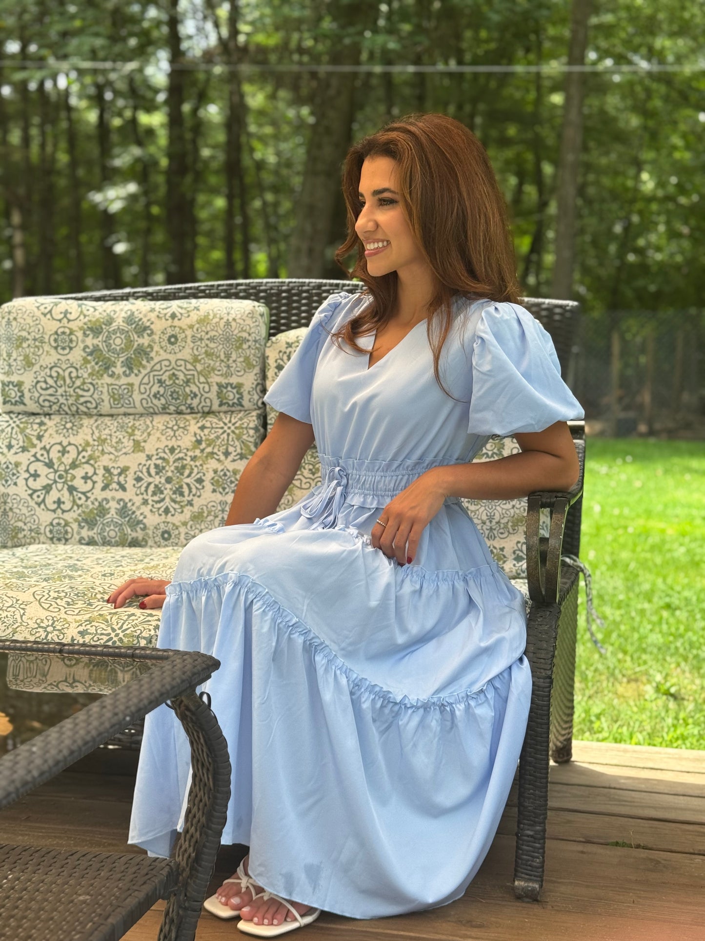 Solid V Neck Puff Sleeve Elastic waist (Available in Navy and Lt. Blue)