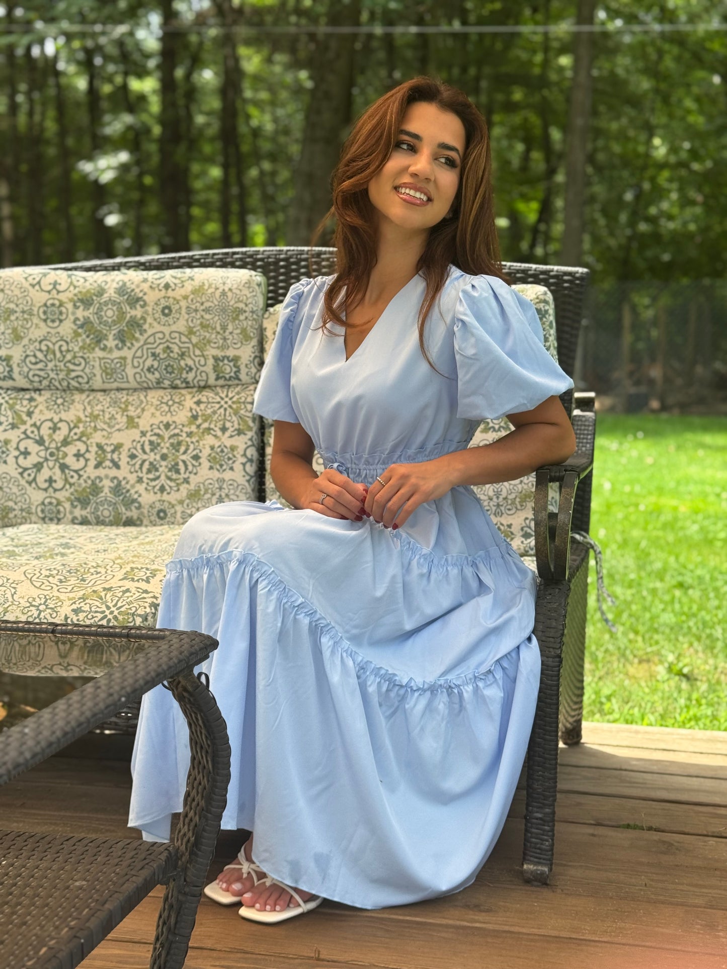 Solid V Neck Puff Sleeve Elastic waist (Available in Navy and Lt. Blue)