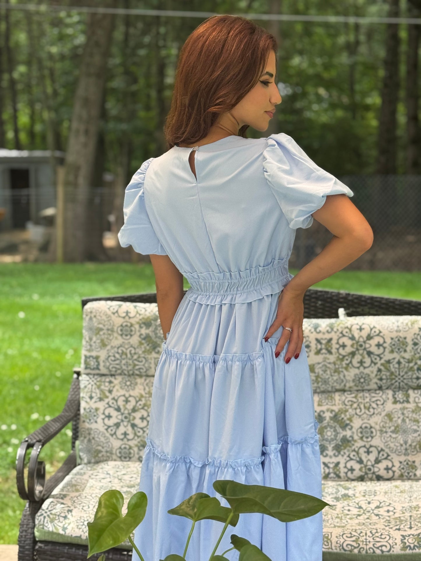 Solid V Neck Puff Sleeve Elastic waist (Available in Navy and Lt. Blue)