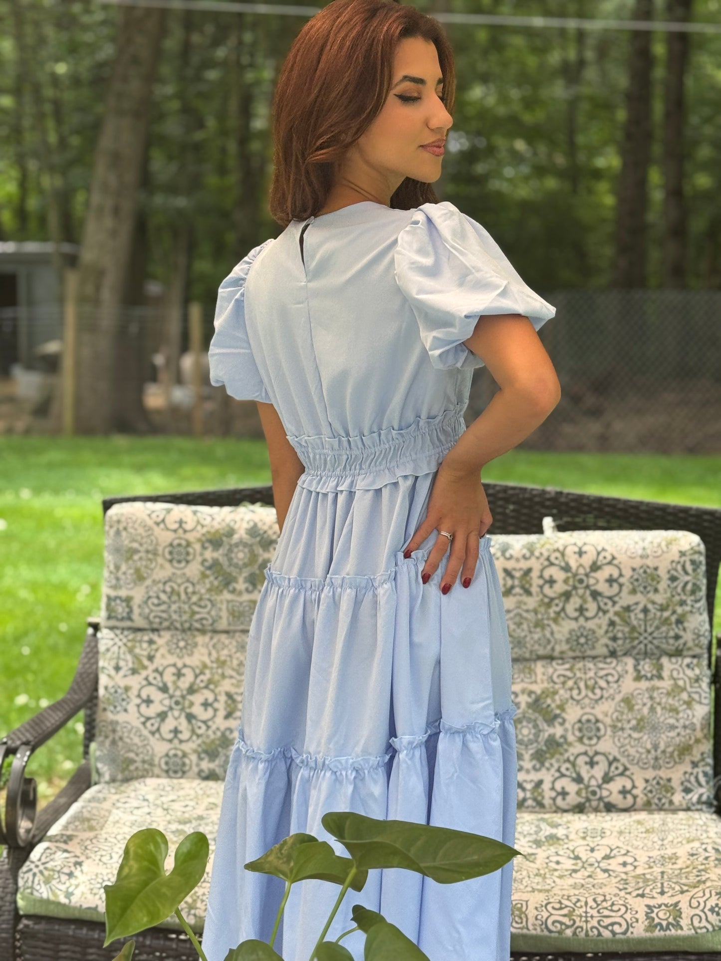 Solid V Neck Puff Sleeve Elastic waist (Available in Navy and Lt. Blue)