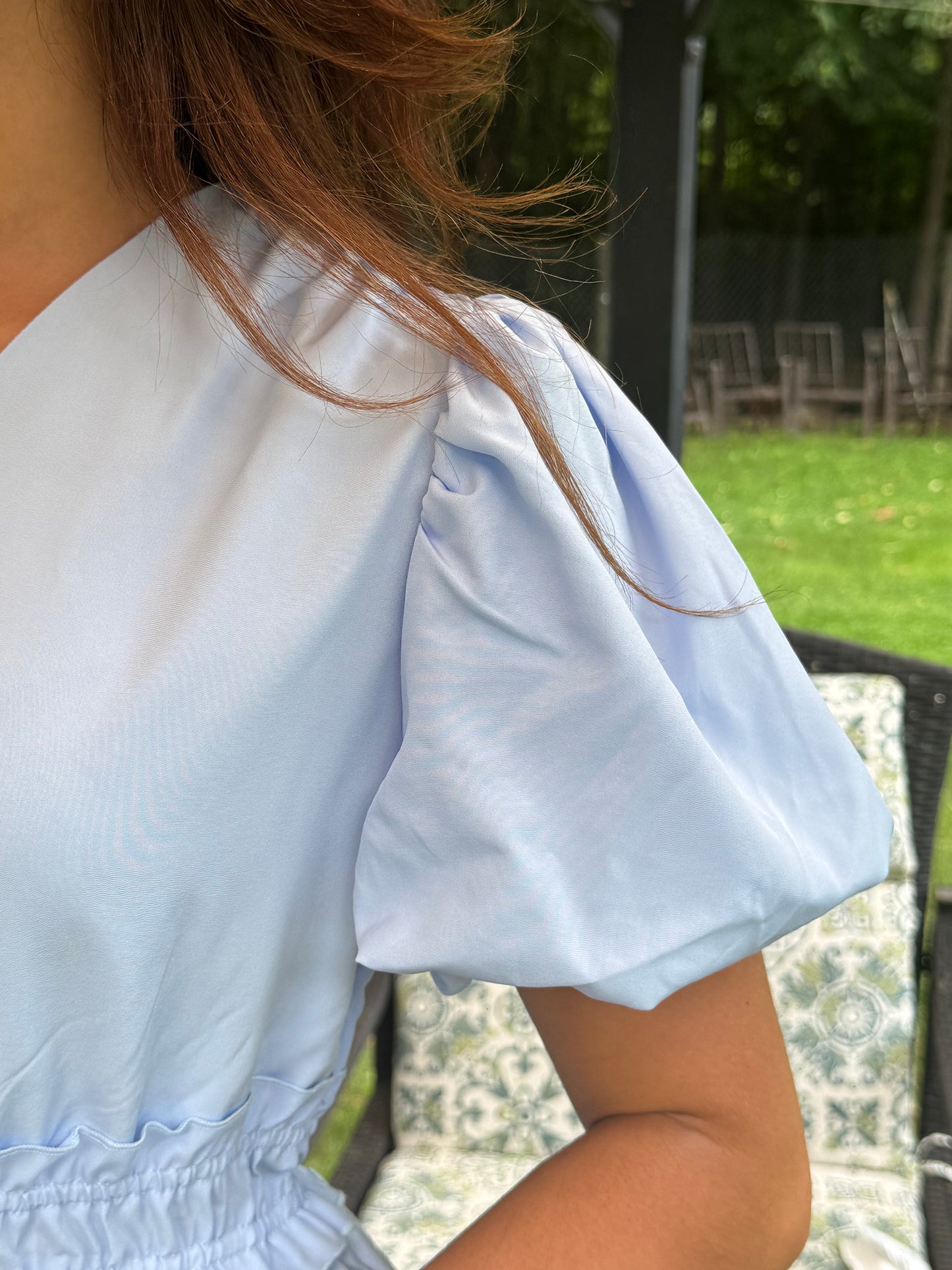 Solid V Neck Puff Sleeve Elastic waist (Available in Navy and Lt. Blue)