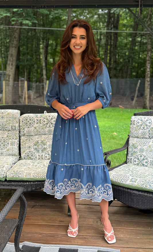 V Neck Embroidered Dress with Waits Tie - Chambray