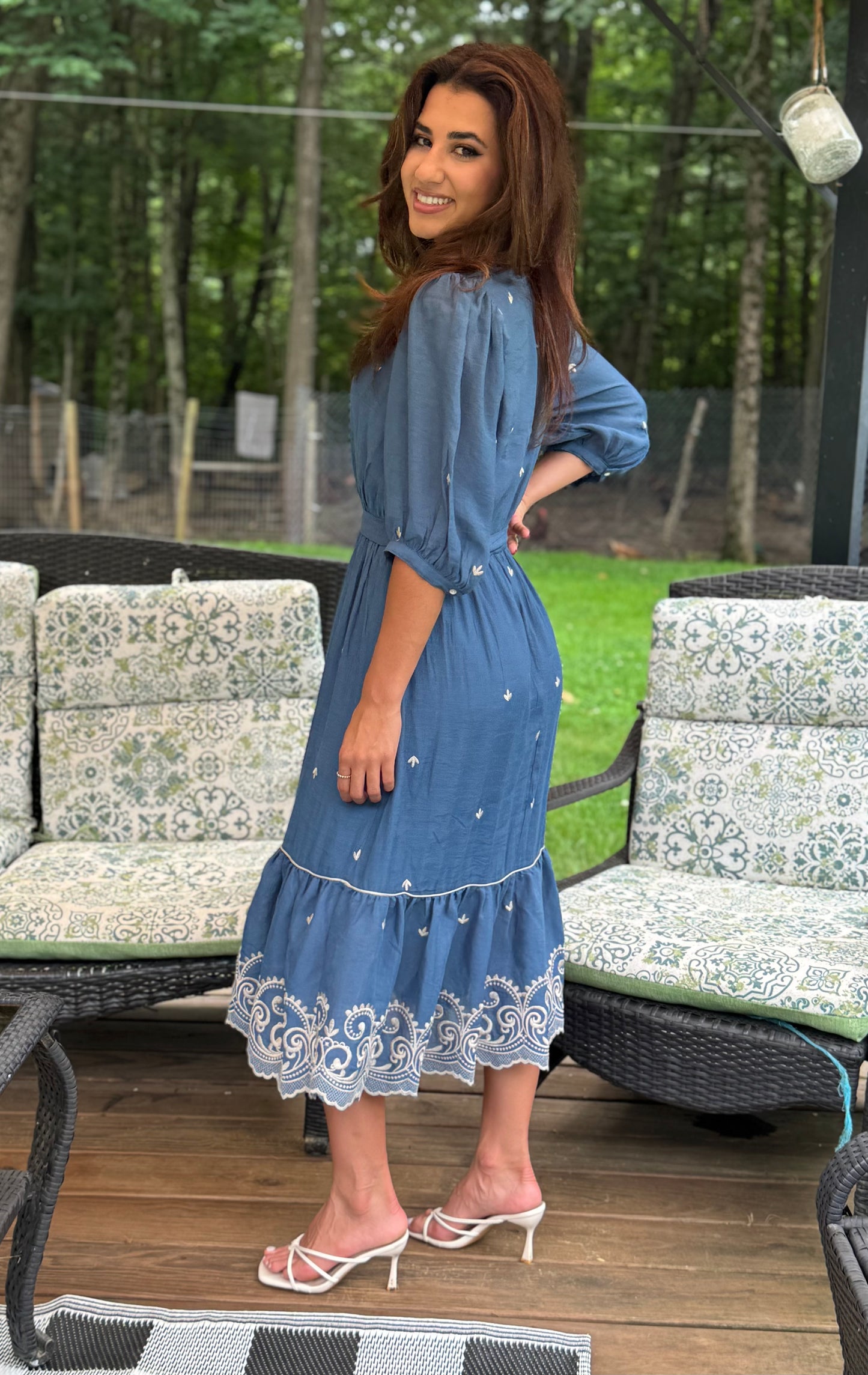 V Neck Embroidered Dress with Waits Tie - Chambray