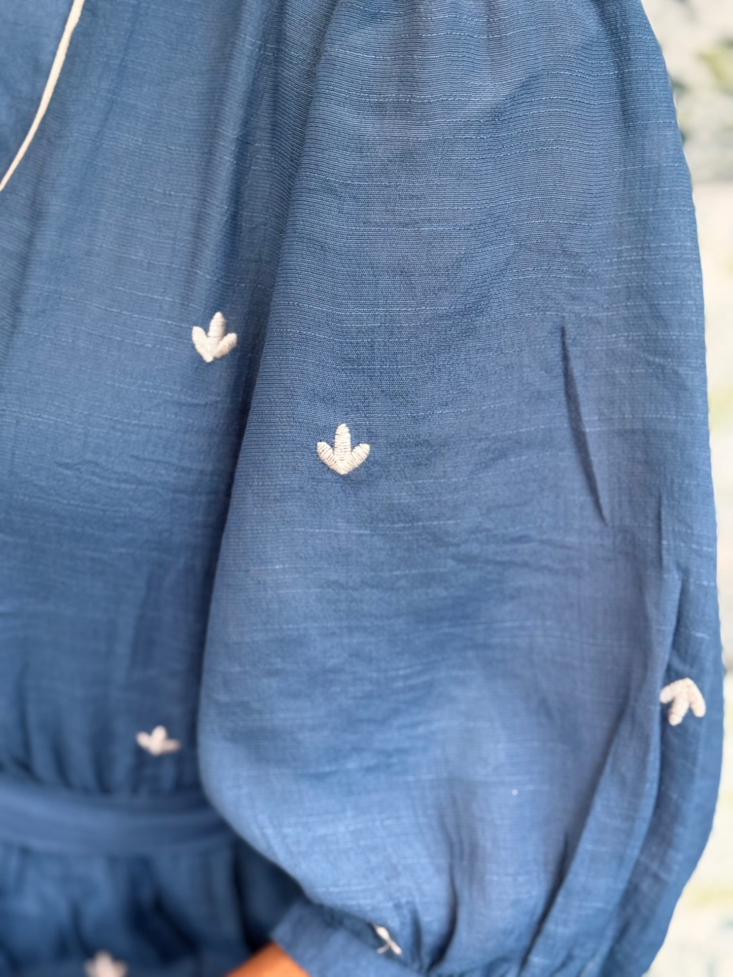 V Neck Embroidered Dress with Waits Tie - Chambray
