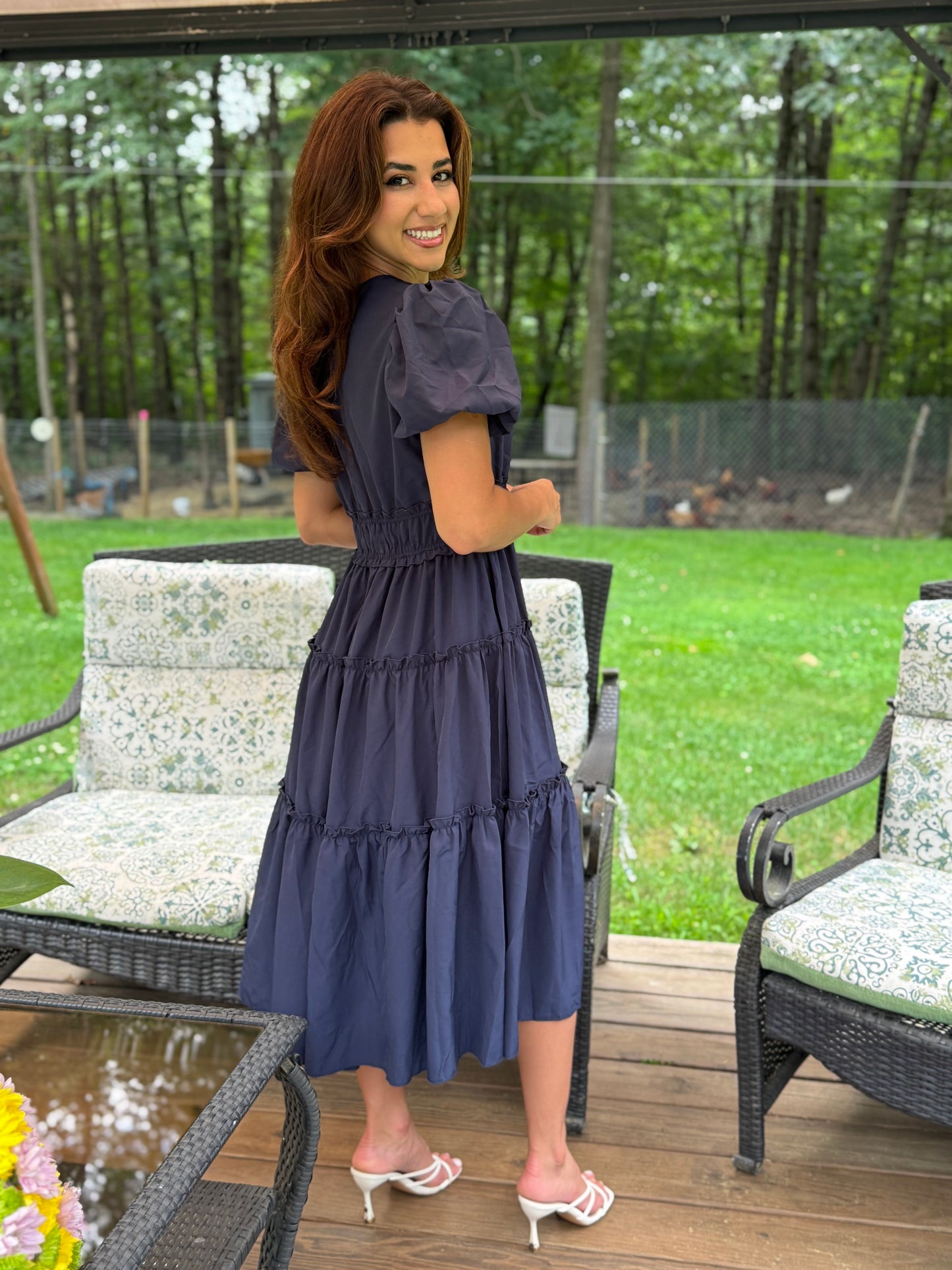 Solid V Neck Puff Sleeve Elastic waist (Available in Navy and Lt. Blue)