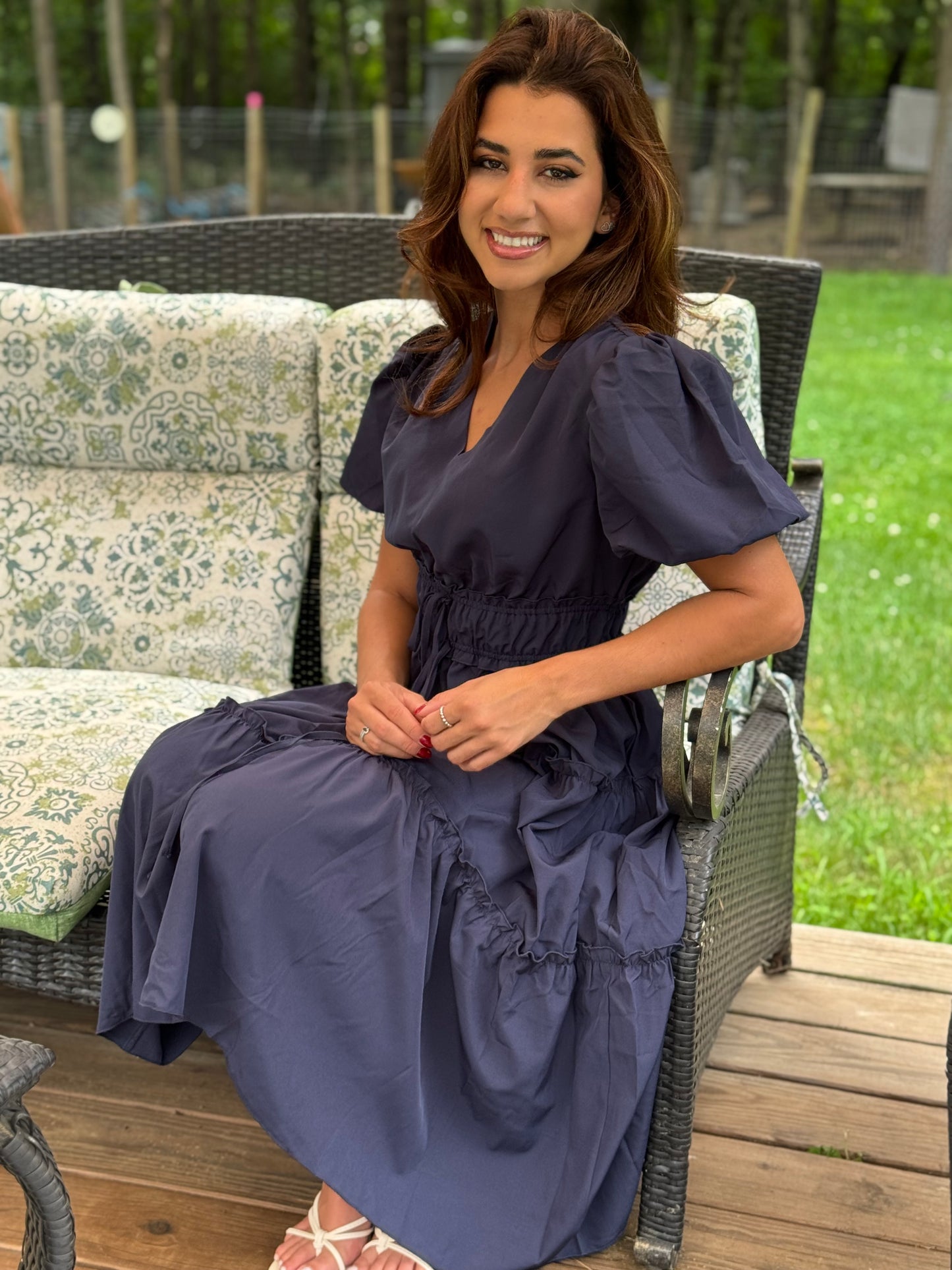 Solid V Neck Puff Sleeve Elastic waist (Available in Navy and Lt. Blue)