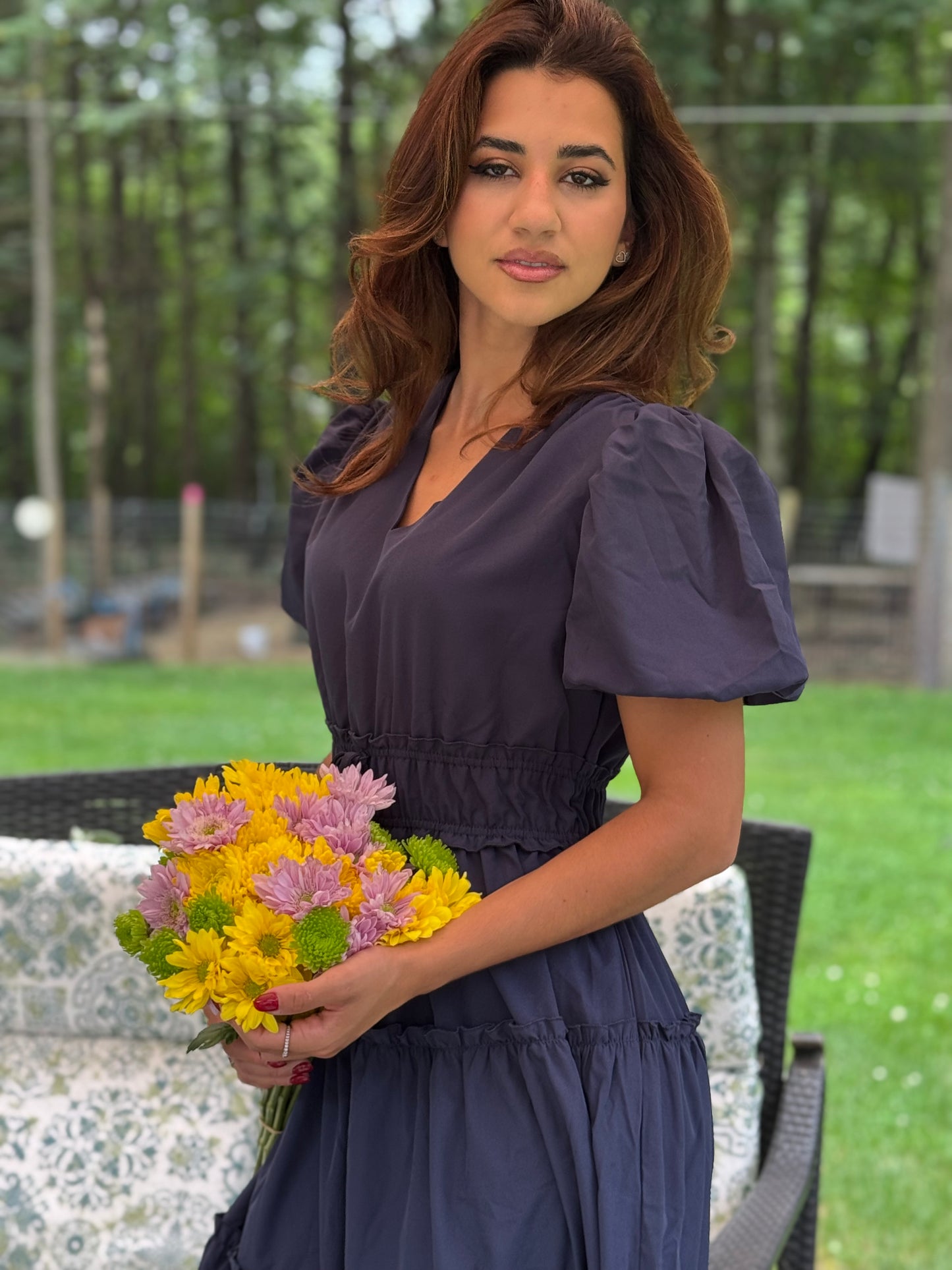 Solid V Neck Puff Sleeve Elastic waist (Available in Navy and Lt. Blue)