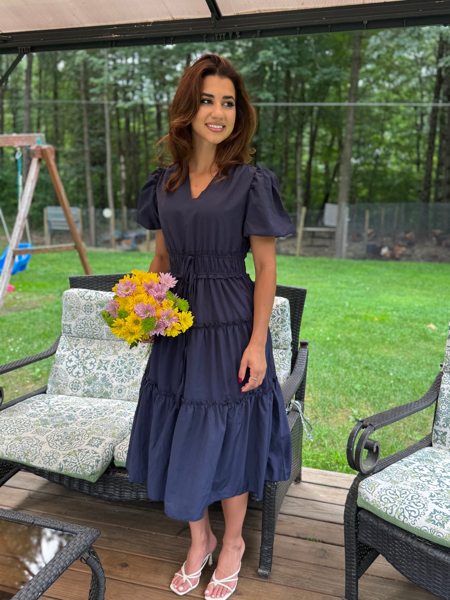 Solid V Neck Puff Sleeve Elastic waist (Available in Navy and Lt. Blue)