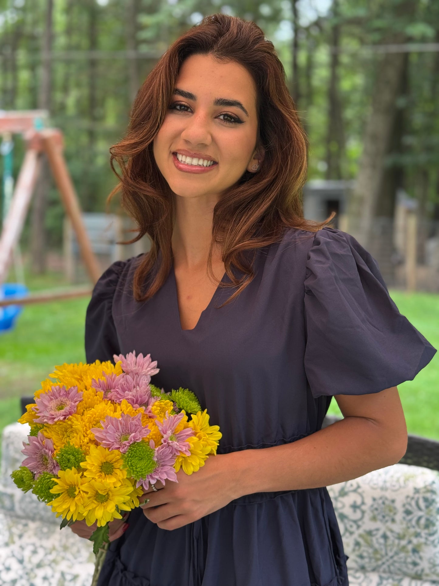 Solid V Neck Puff Sleeve Elastic waist (Available in Navy and Lt. Blue)