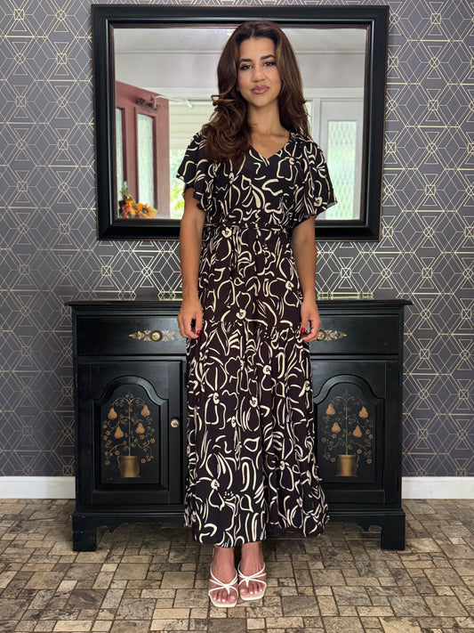 Allover Print V Neck Fit Belt A Line(Available in Black and Lt Green)