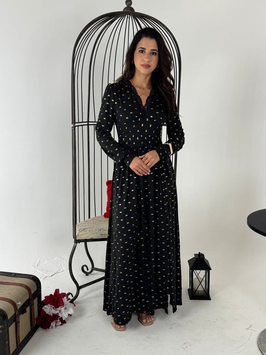 Elegant Vintage V Neck Lace Print Maxi Dress with Gold Bow