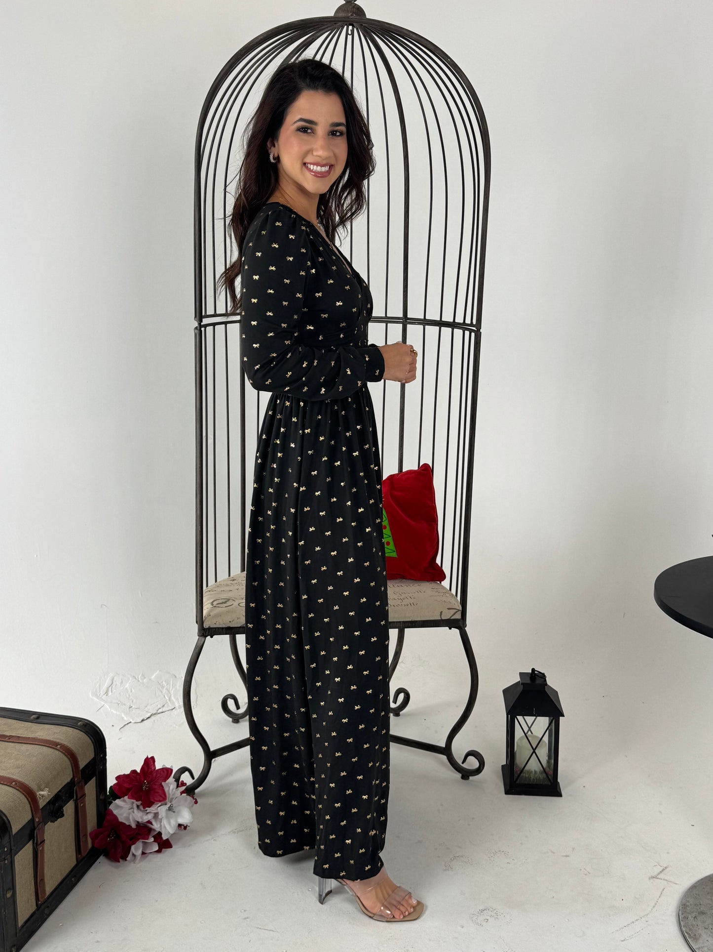 Elegant Vintage V Neck Lace Print Maxi Dress with Gold Bow