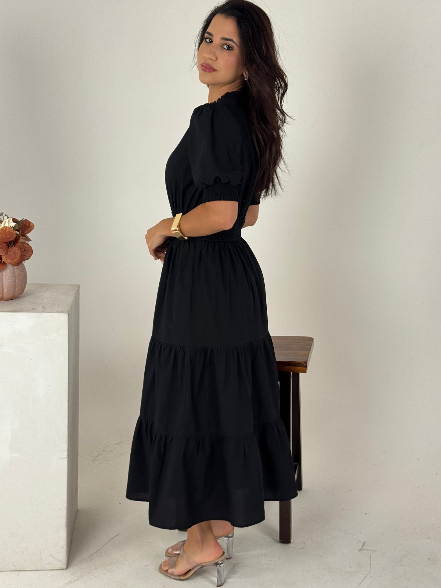 Short Sleeve Waist Smocking Tiered Dress - Black