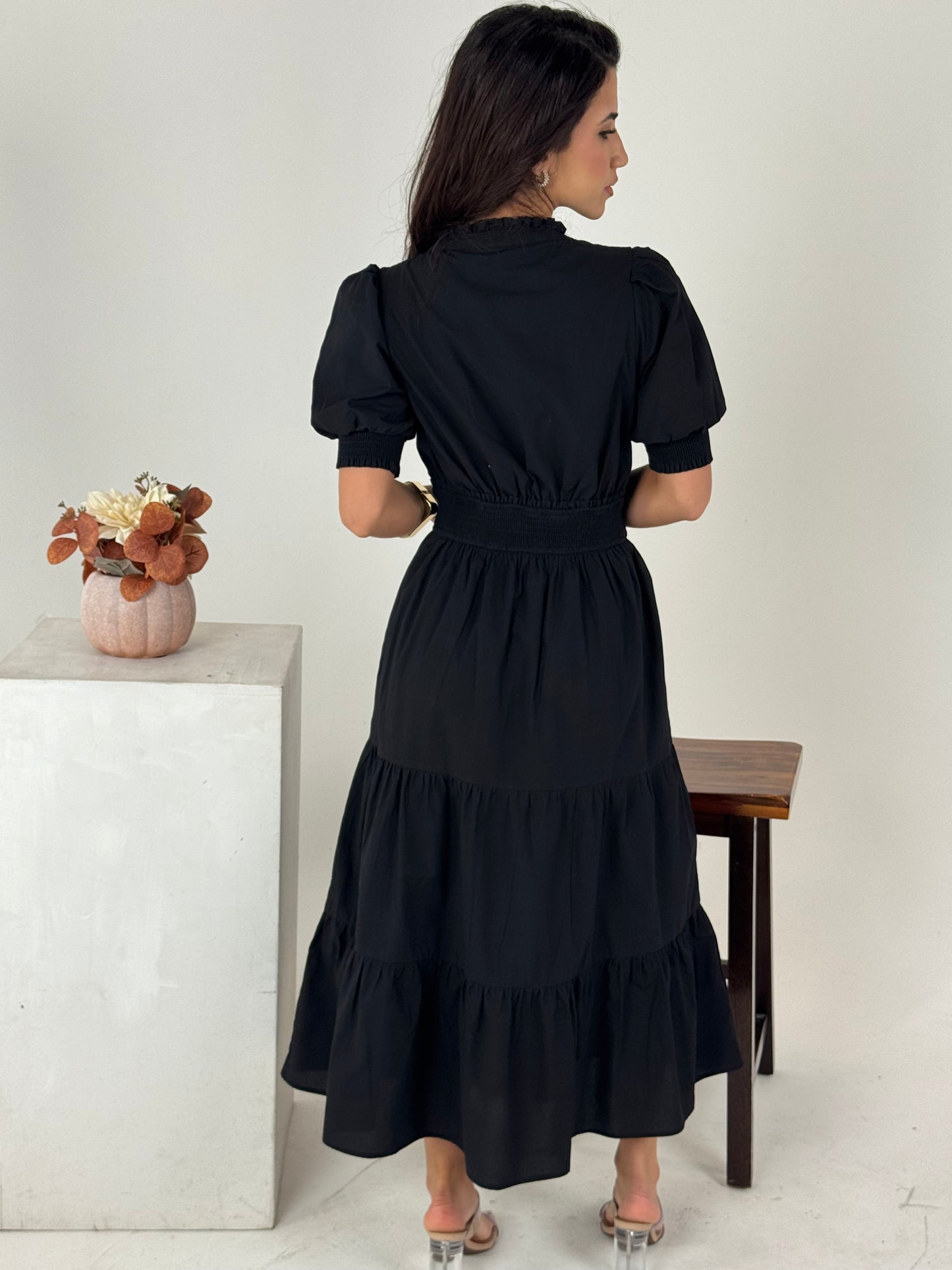 Short Sleeve Waist Smocking Tiered Dress - Black