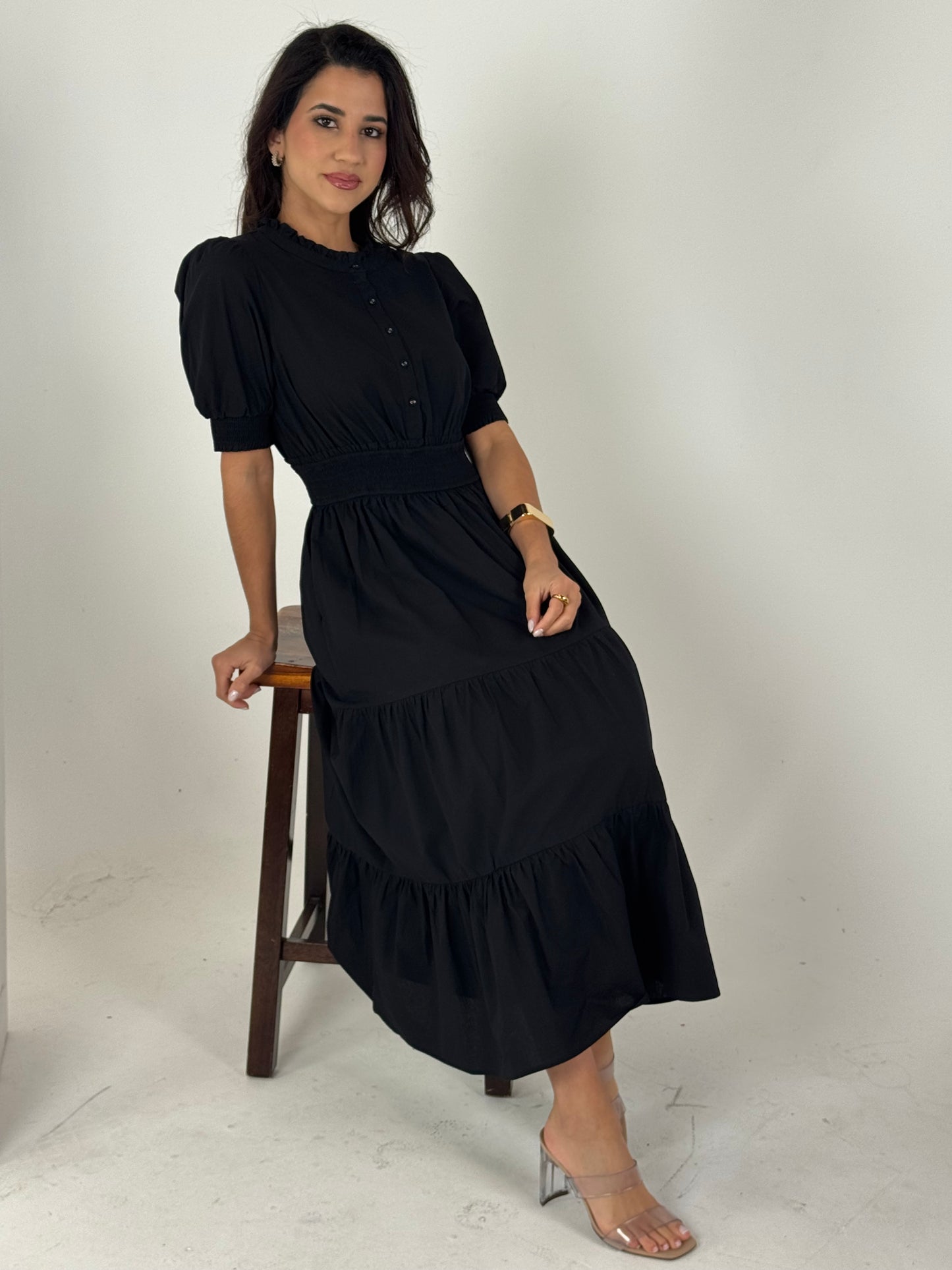 Short Sleeve Waist Smocking Tiered Dress - Black