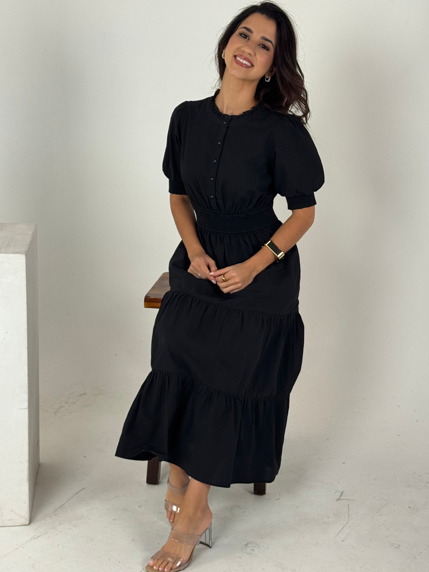 Short Sleeve Waist Smocking Tiered Dress - Black
