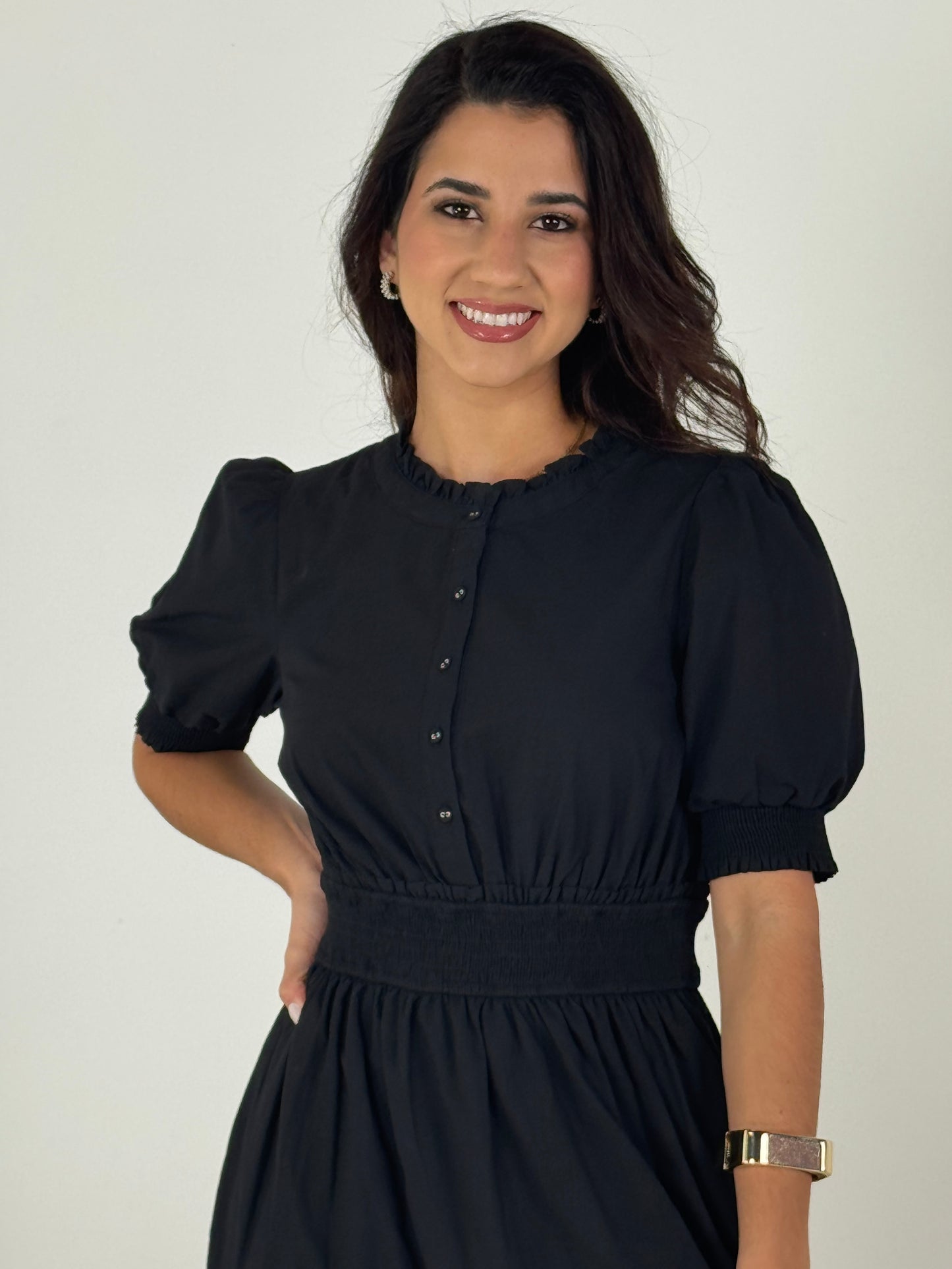 Short Sleeve Waist Smocking Tiered Dress - Black