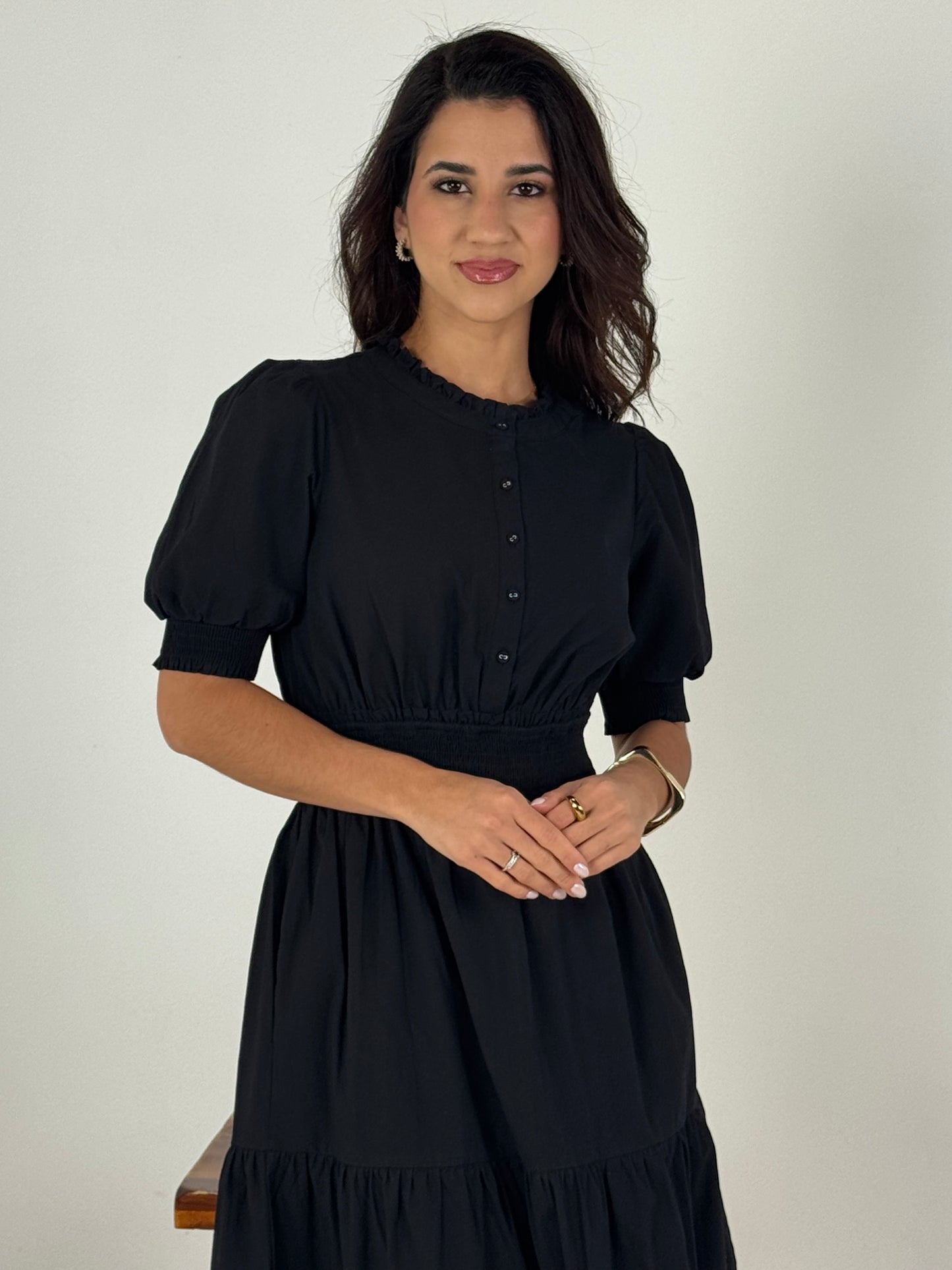 Short Sleeve Waist Smocking Tiered Dress - Black