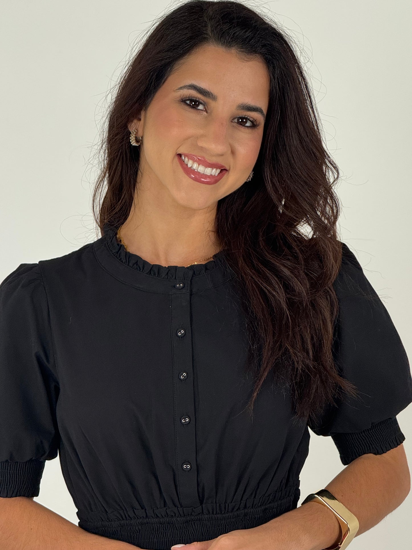 Short Sleeve Waist Smocking Tiered Dress - Black