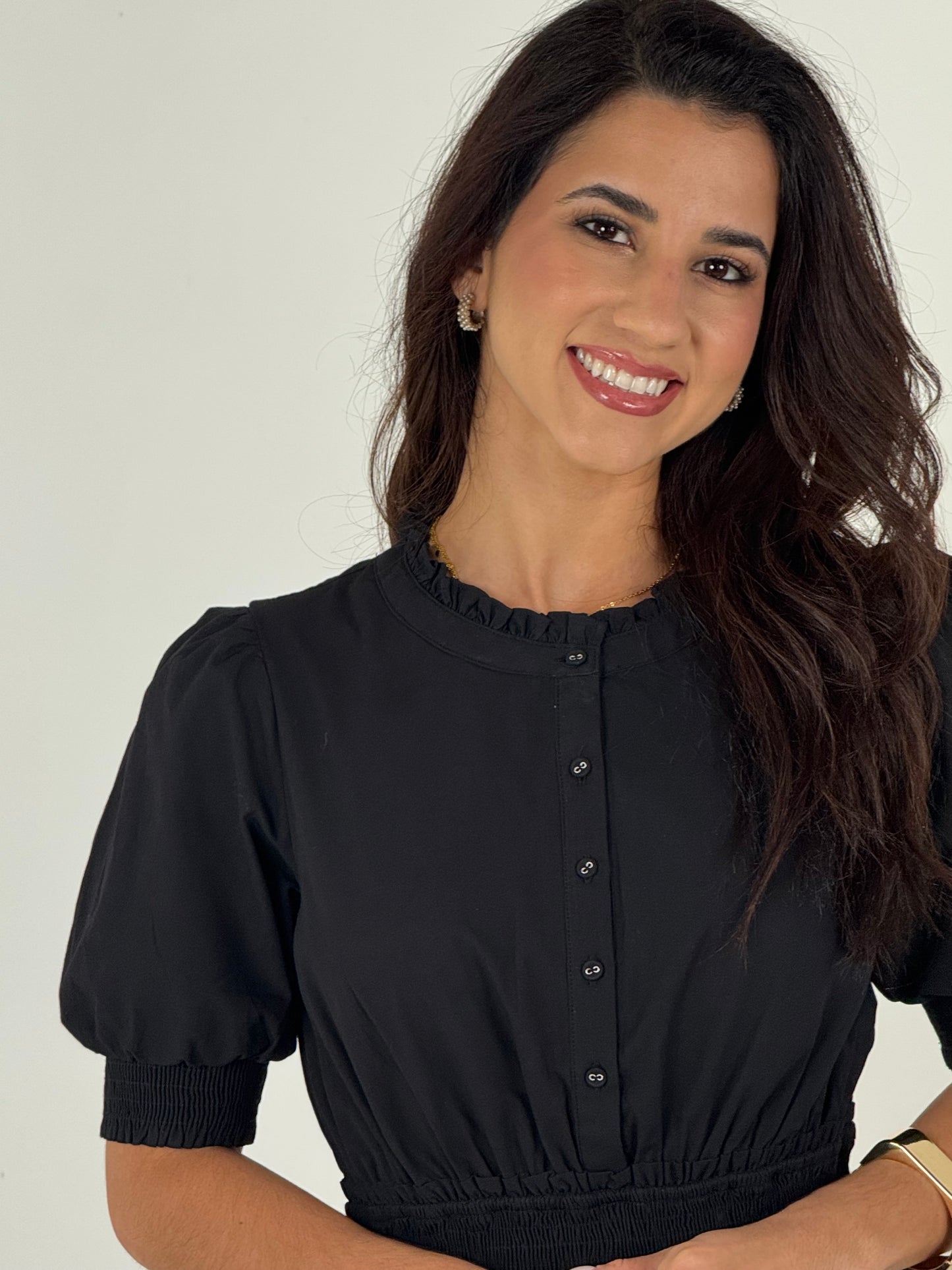 Short Sleeve Waist Smocking Tiered Dress - Black