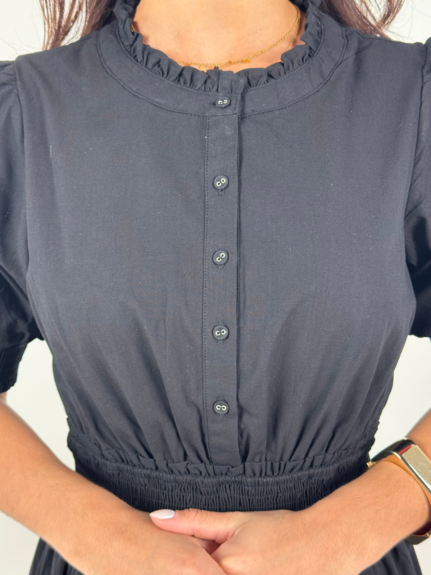 Short Sleeve Waist Smocking Tiered Dress - Black