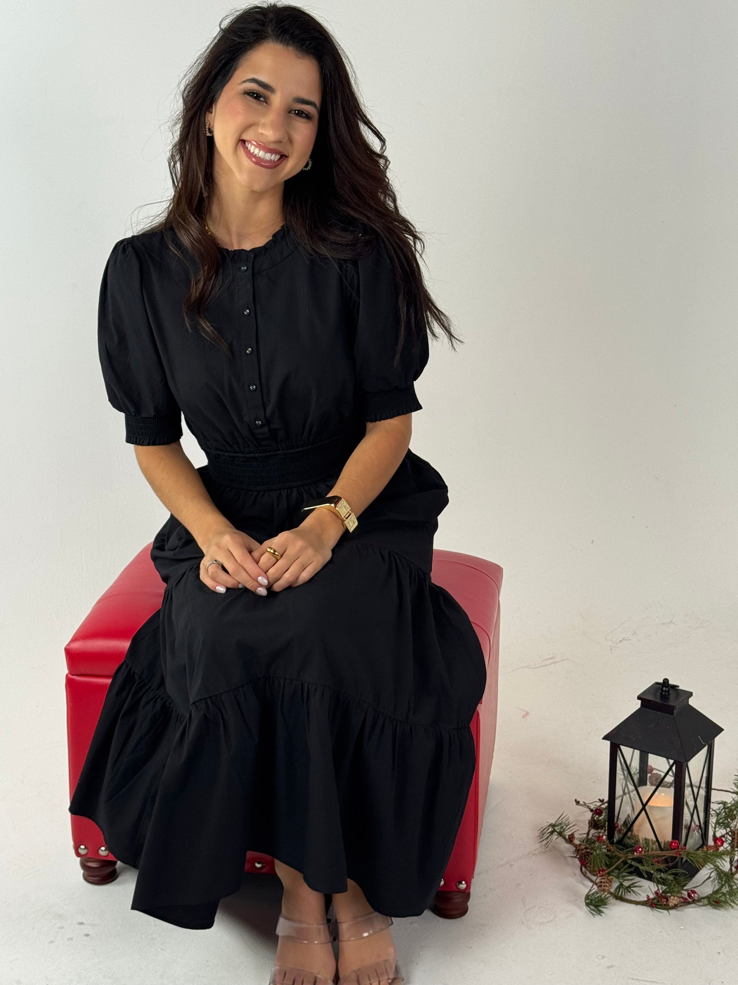 Short Sleeve Waist Smocking Tiered Dress - Black