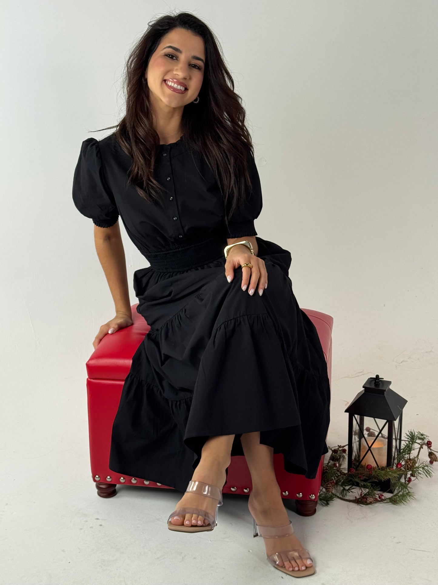 Short Sleeve Waist Smocking Tiered Dress - Black