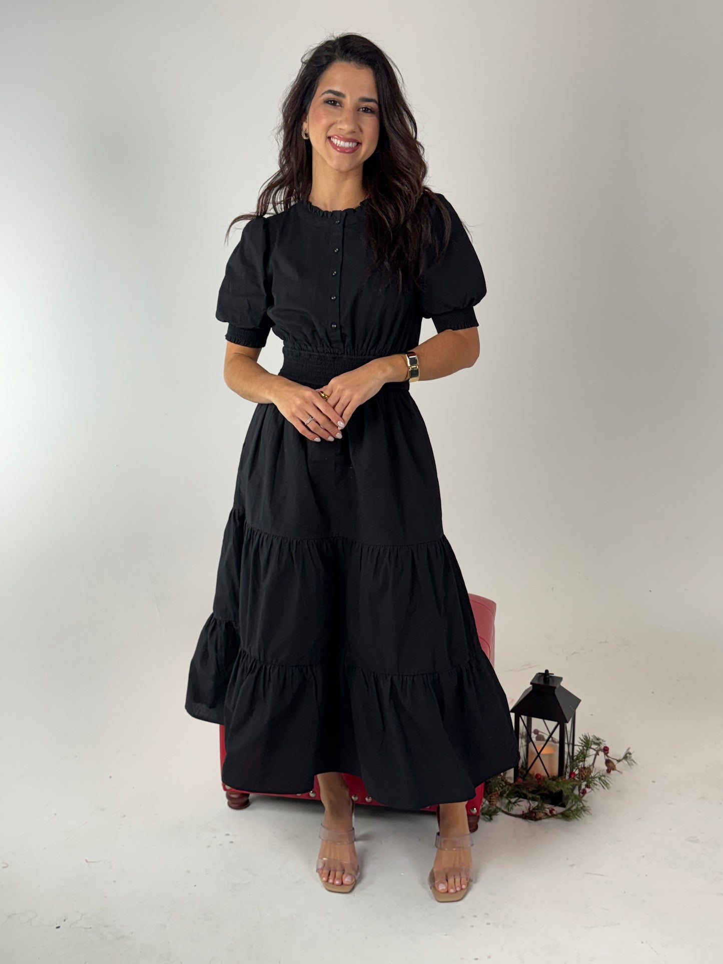 Short Sleeve Waist Smocking Tiered Dress - Black