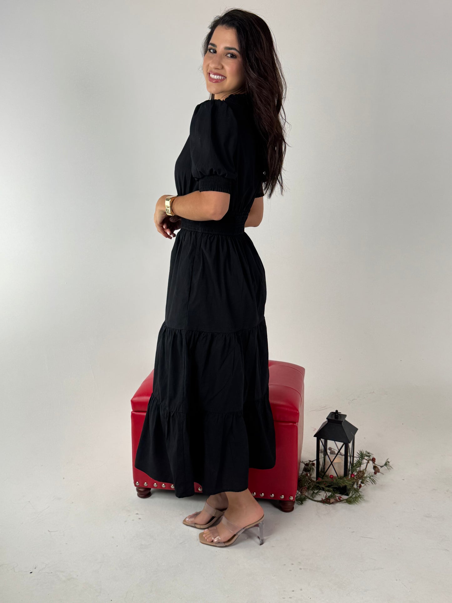 Short Sleeve Waist Smocking Tiered Dress - Black