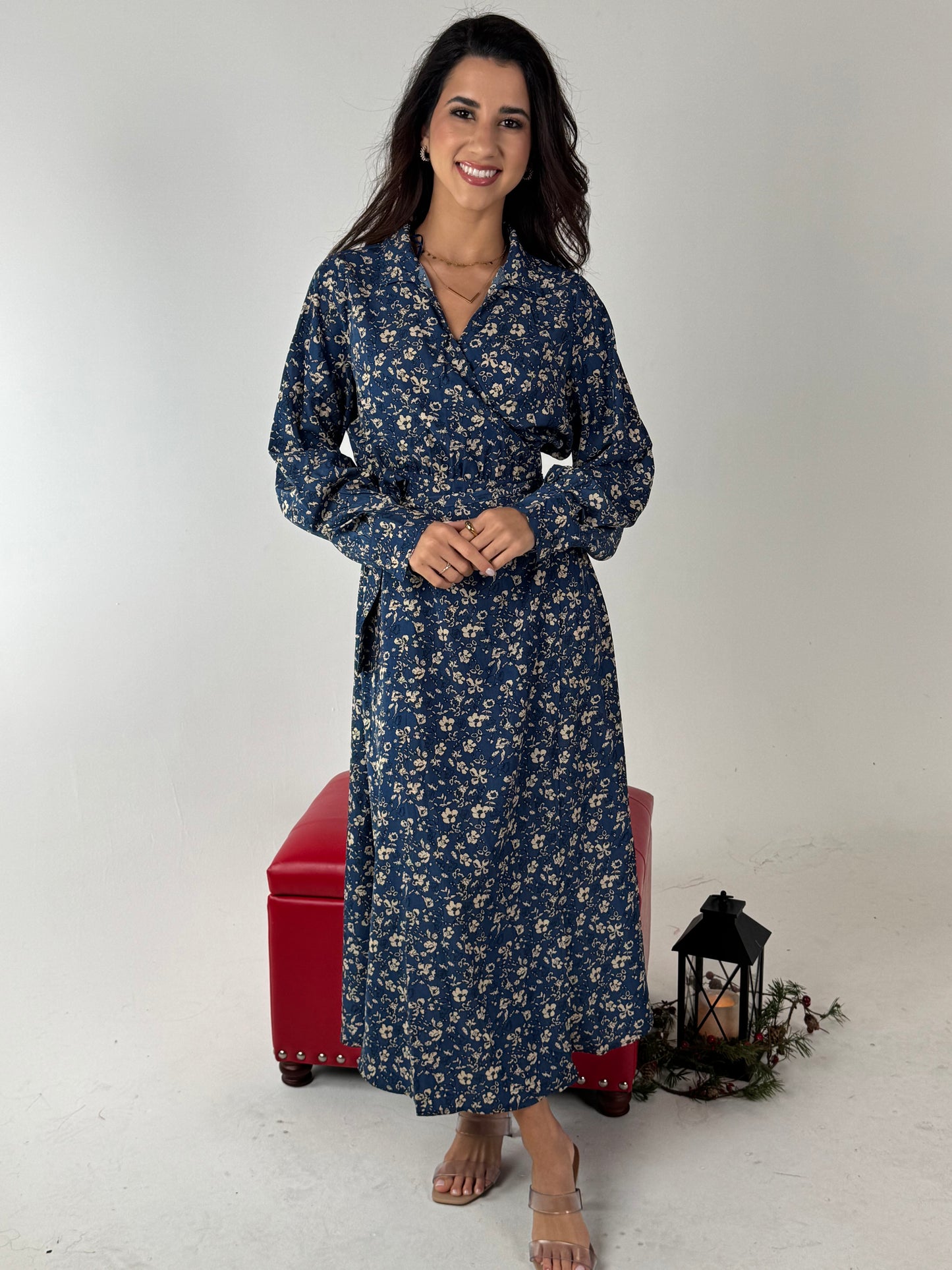 Frida Floral Print Poly Midi Wrap Dress - Deep Blue