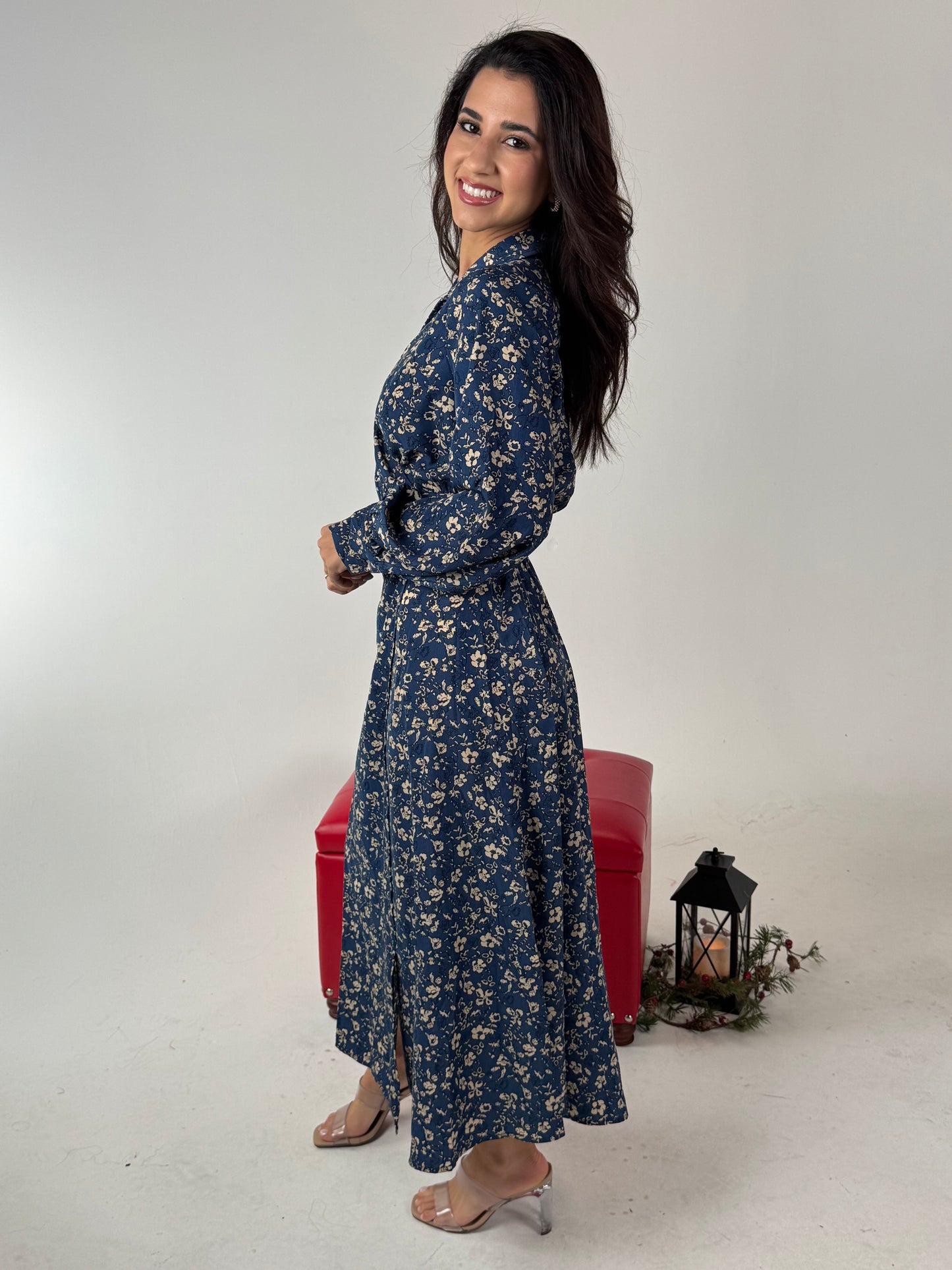 Frida Floral Print Poly Midi Wrap Dress - Deep Blue