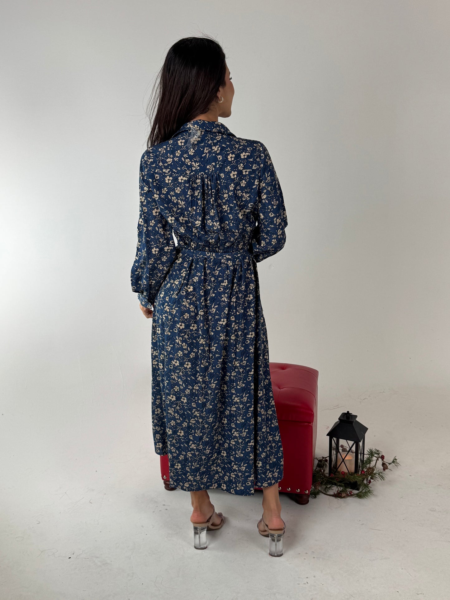 Frida Floral Print Poly Midi Wrap Dress - Deep Blue