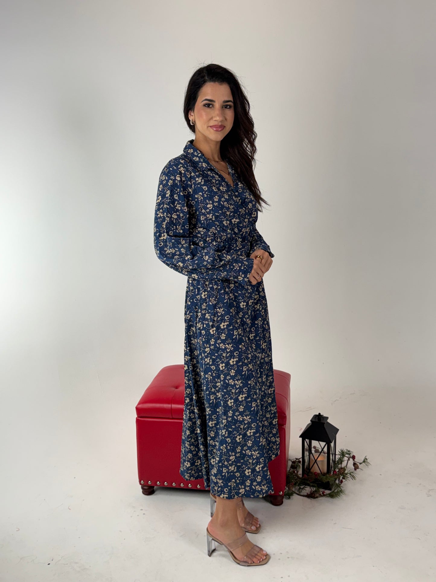 Frida Floral Print Poly Midi Wrap Dress - Deep Blue