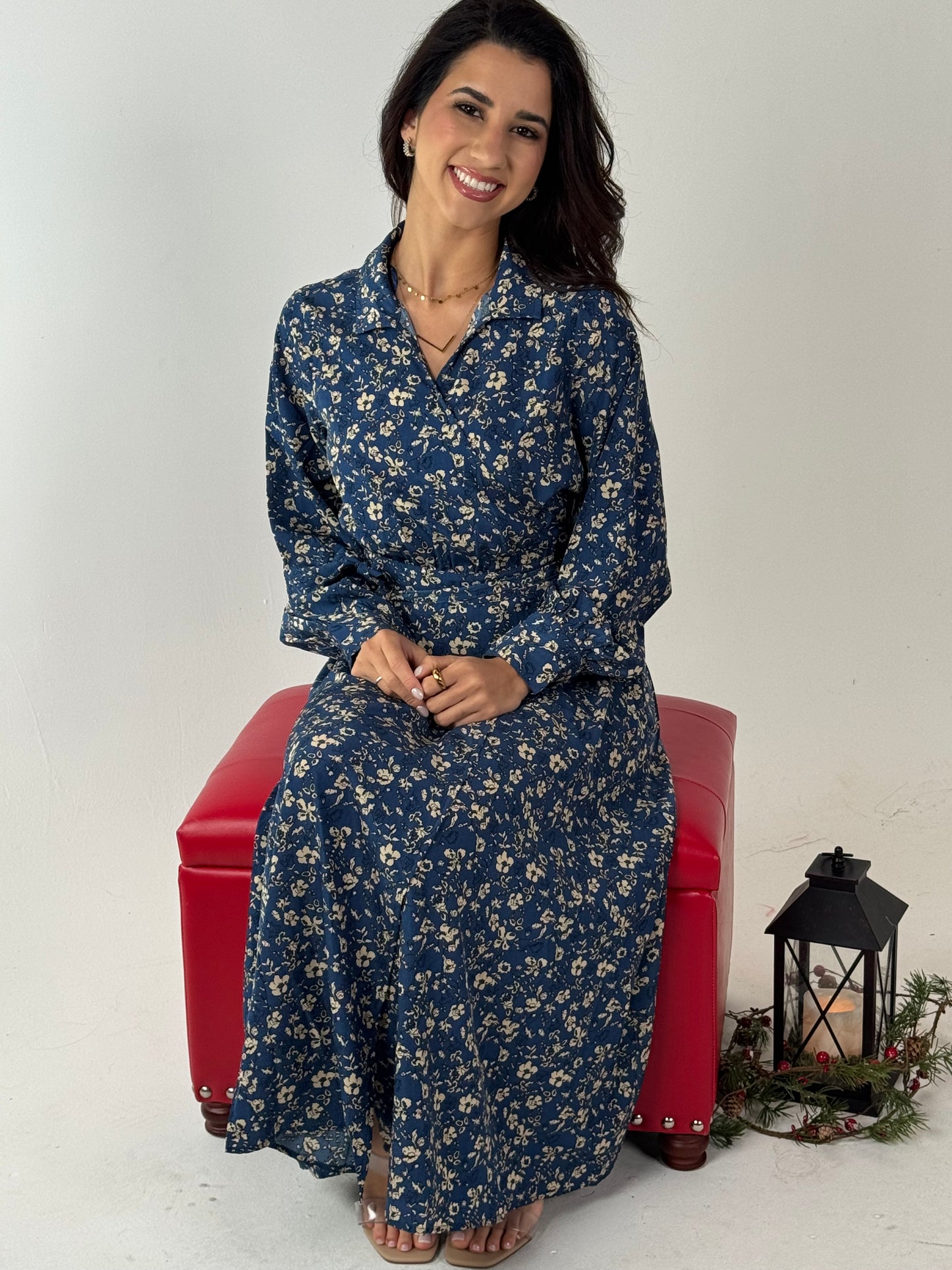 Frida Floral Print Poly Midi Wrap Dress - Deep Blue