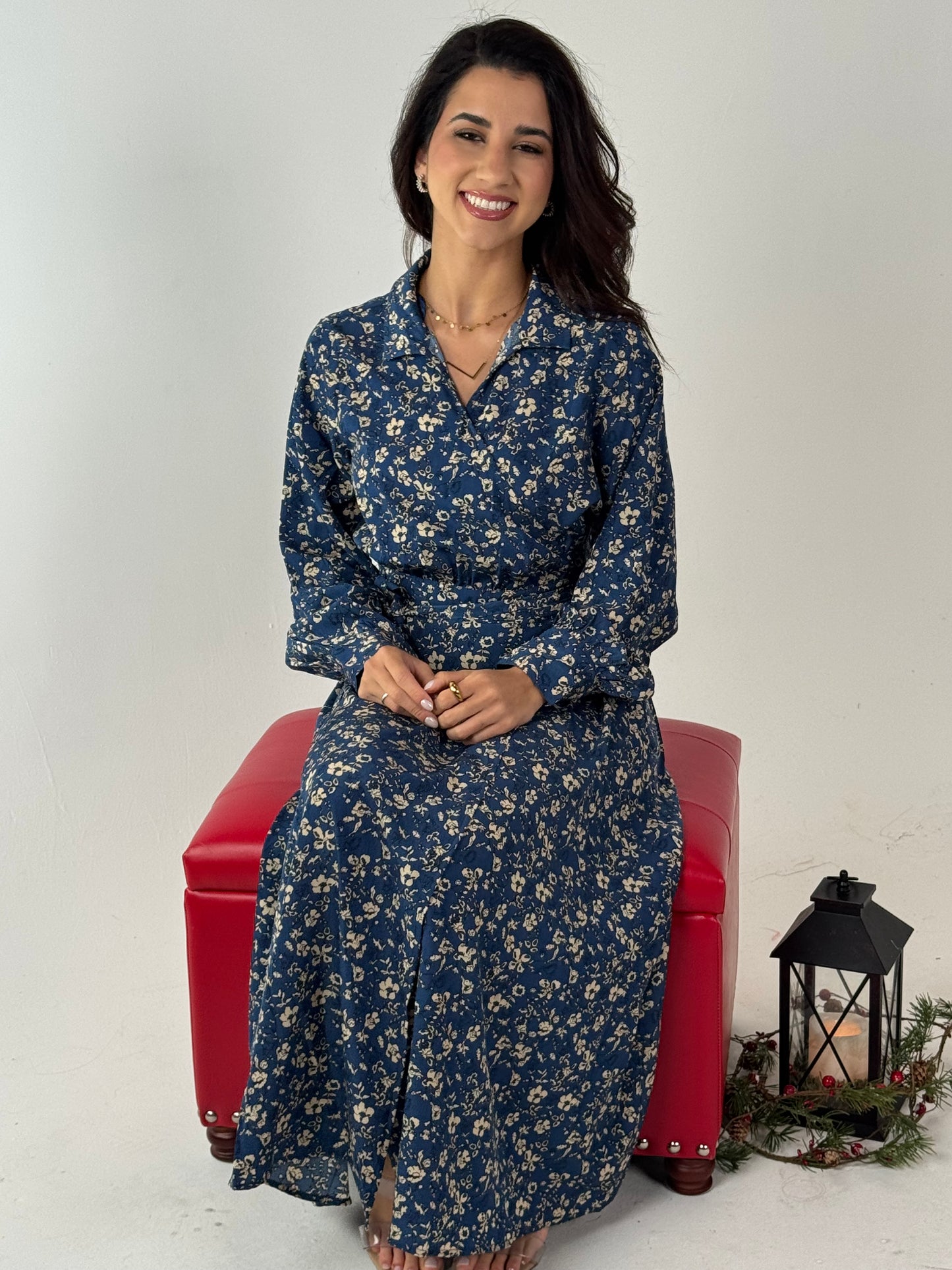 Frida Floral Print Poly Midi Wrap Dress - Deep Blue