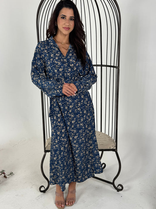 Frida Floral Print Poly Midi Wrap Dress - Deep Blue
