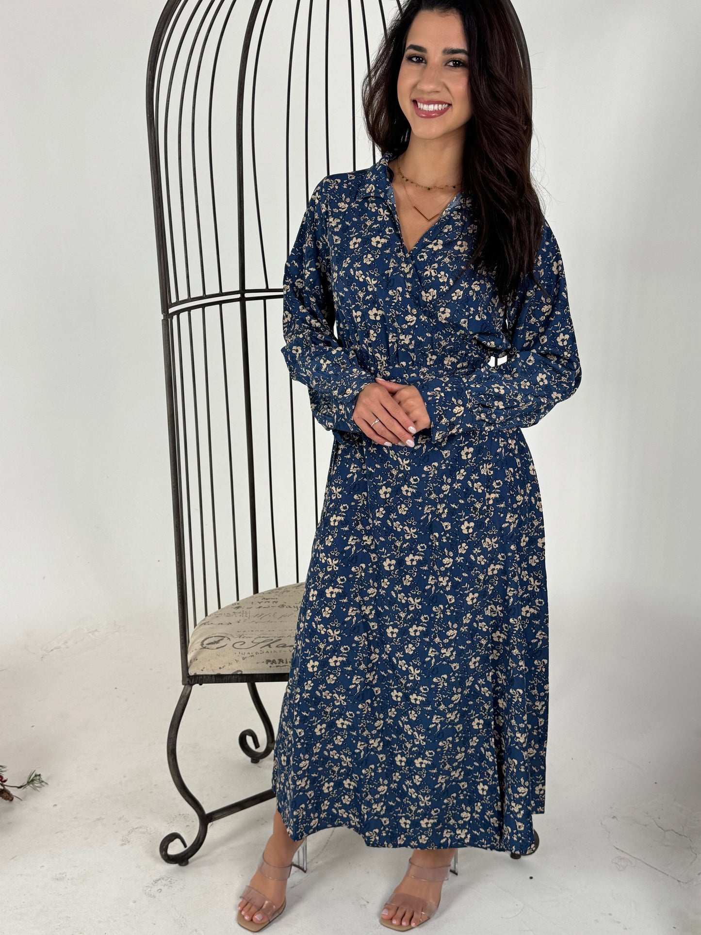 Frida Floral Print Poly Midi Wrap Dress - Deep Blue