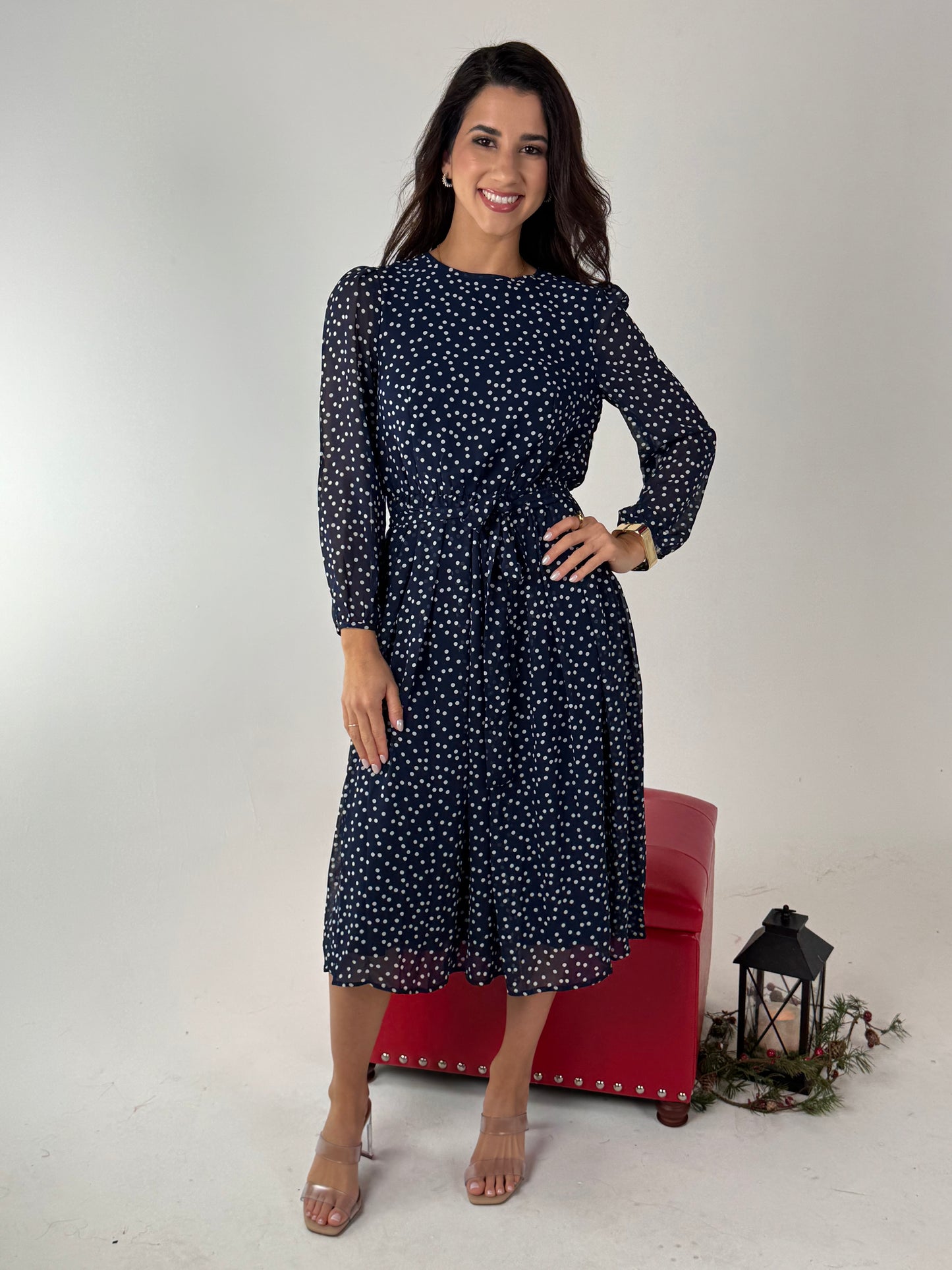 Dot Print Lantern Sleeve Belted Midi Dress - Navy