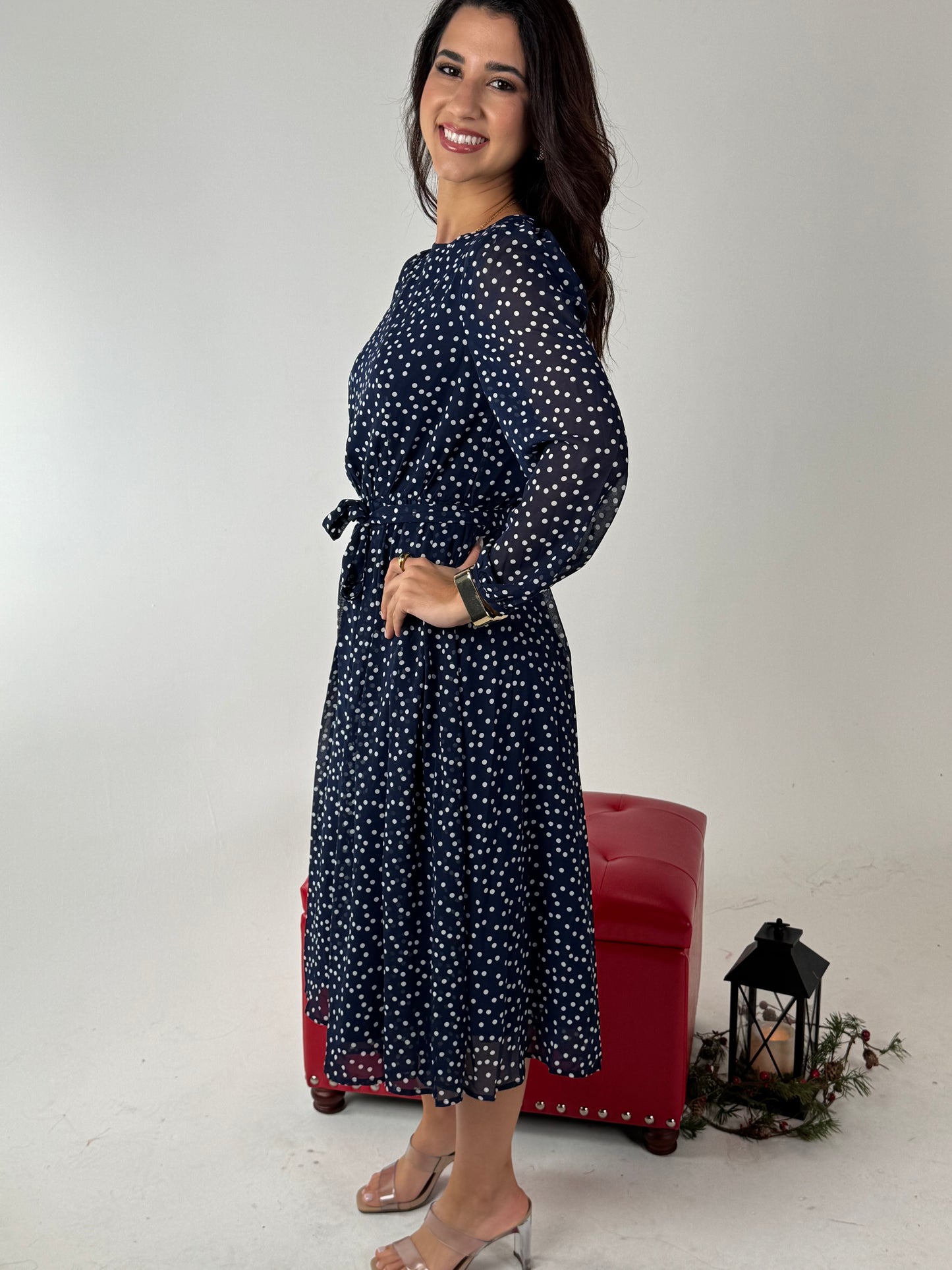 Dot Print Lantern Sleeve Belted Midi Dress - Navy