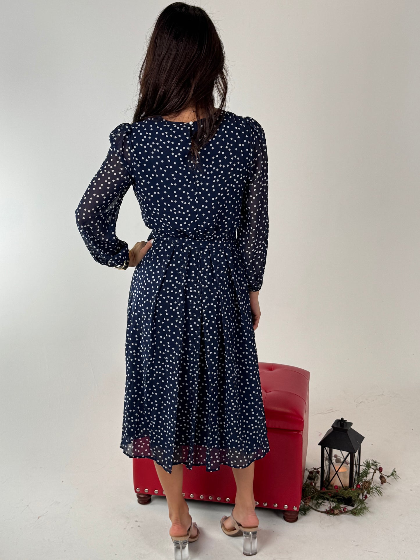 Dot Print Lantern Sleeve Belted Midi Dress - Navy