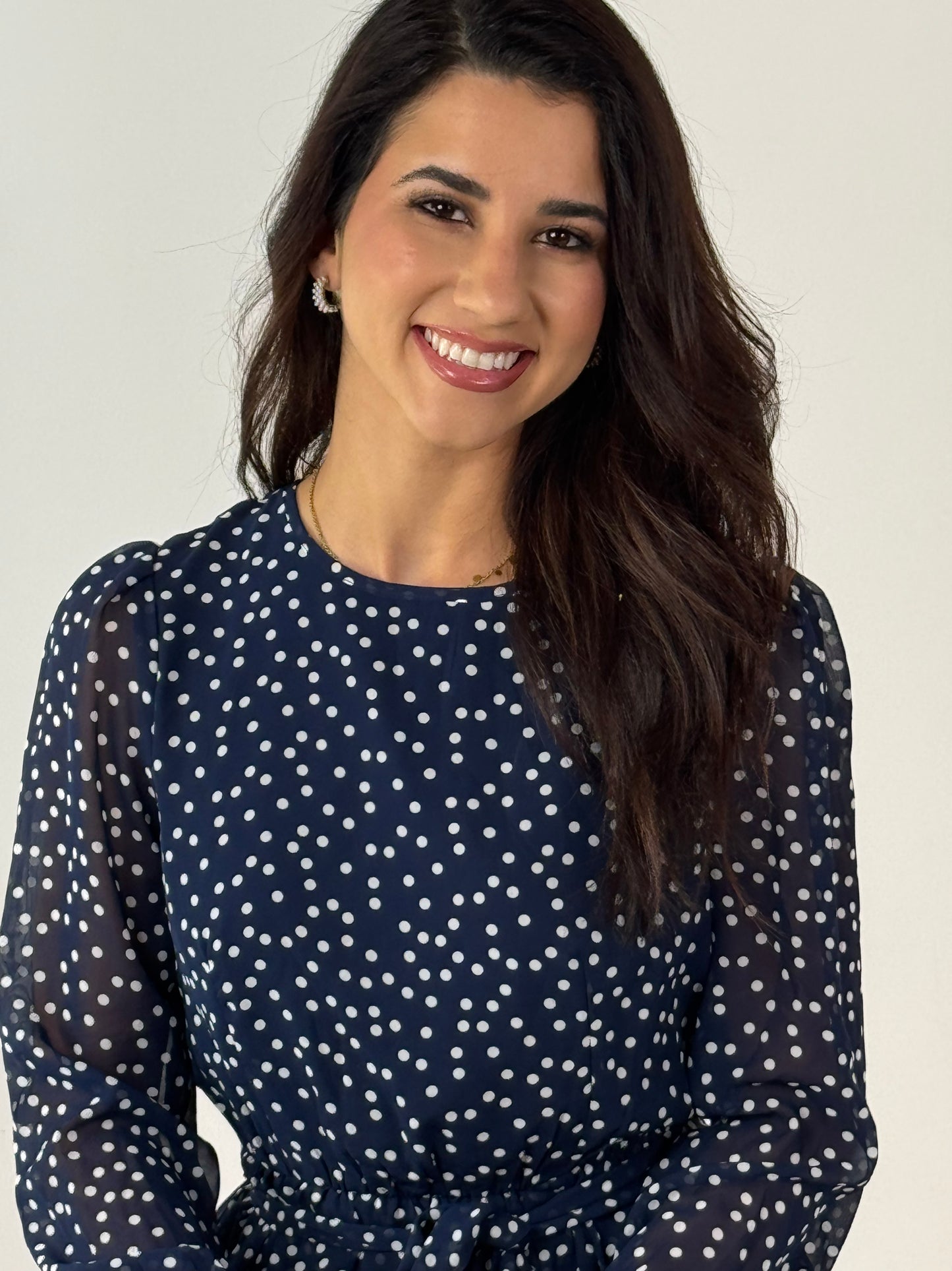 Dot Print Lantern Sleeve Belted Midi Dress - Navy